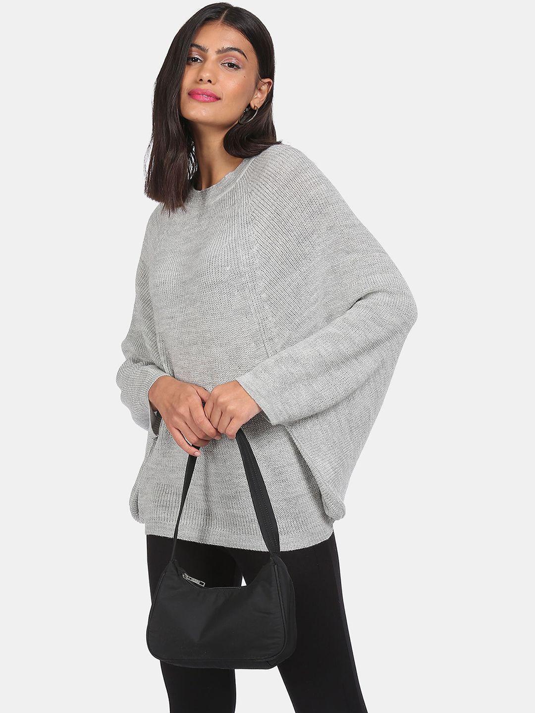 sugr women grey long dolman sleeve solid sweater