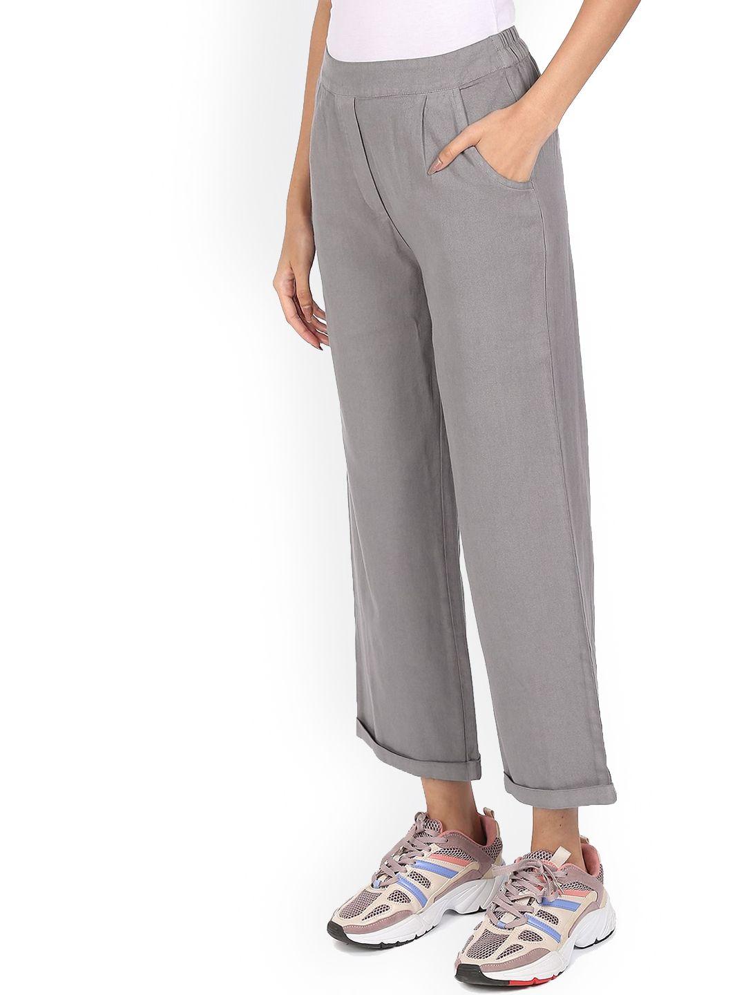 sugr women grey mid rise textured cotton trousers