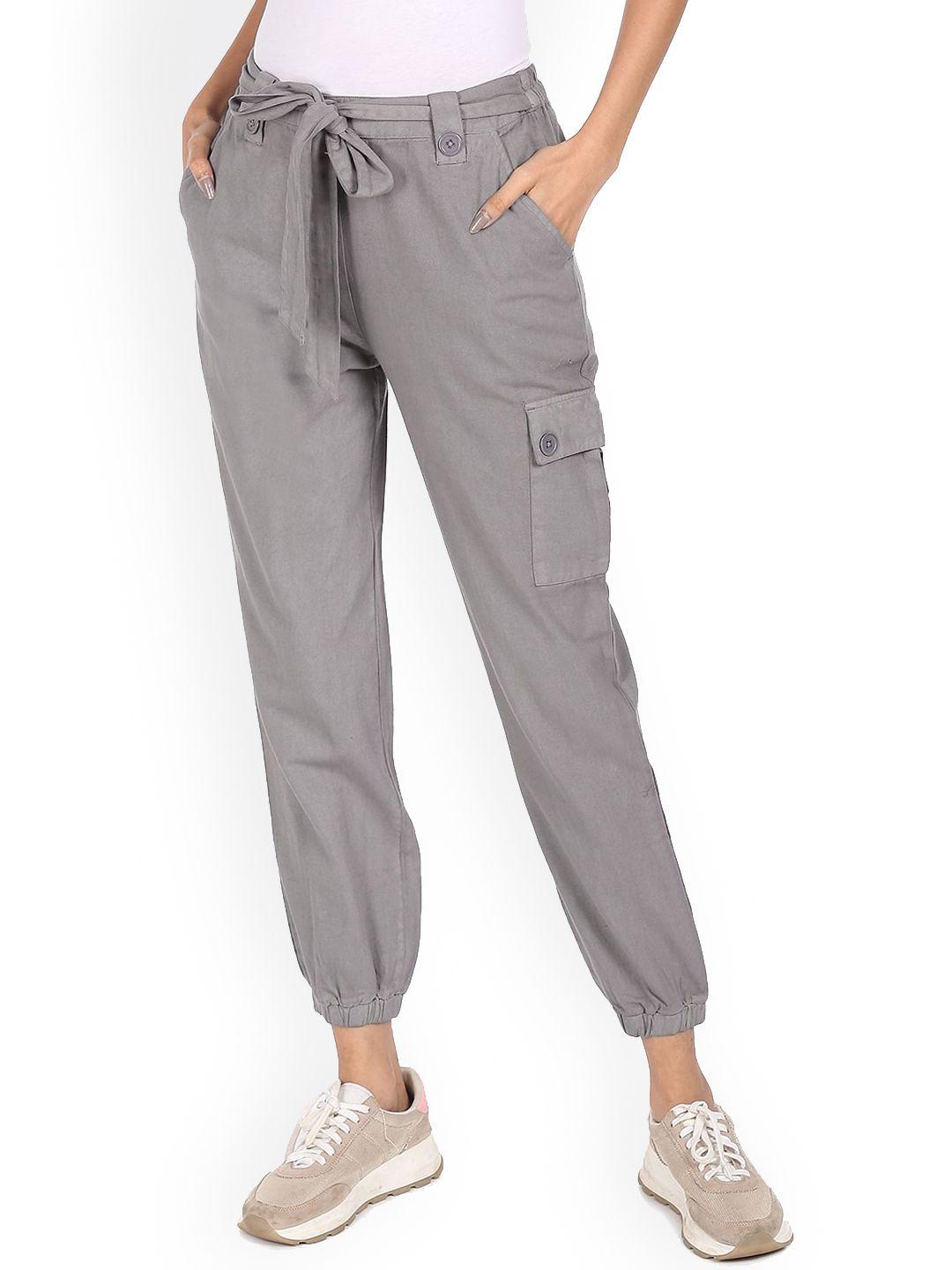 sugr women grey solid pure cotton straight-fit joggers