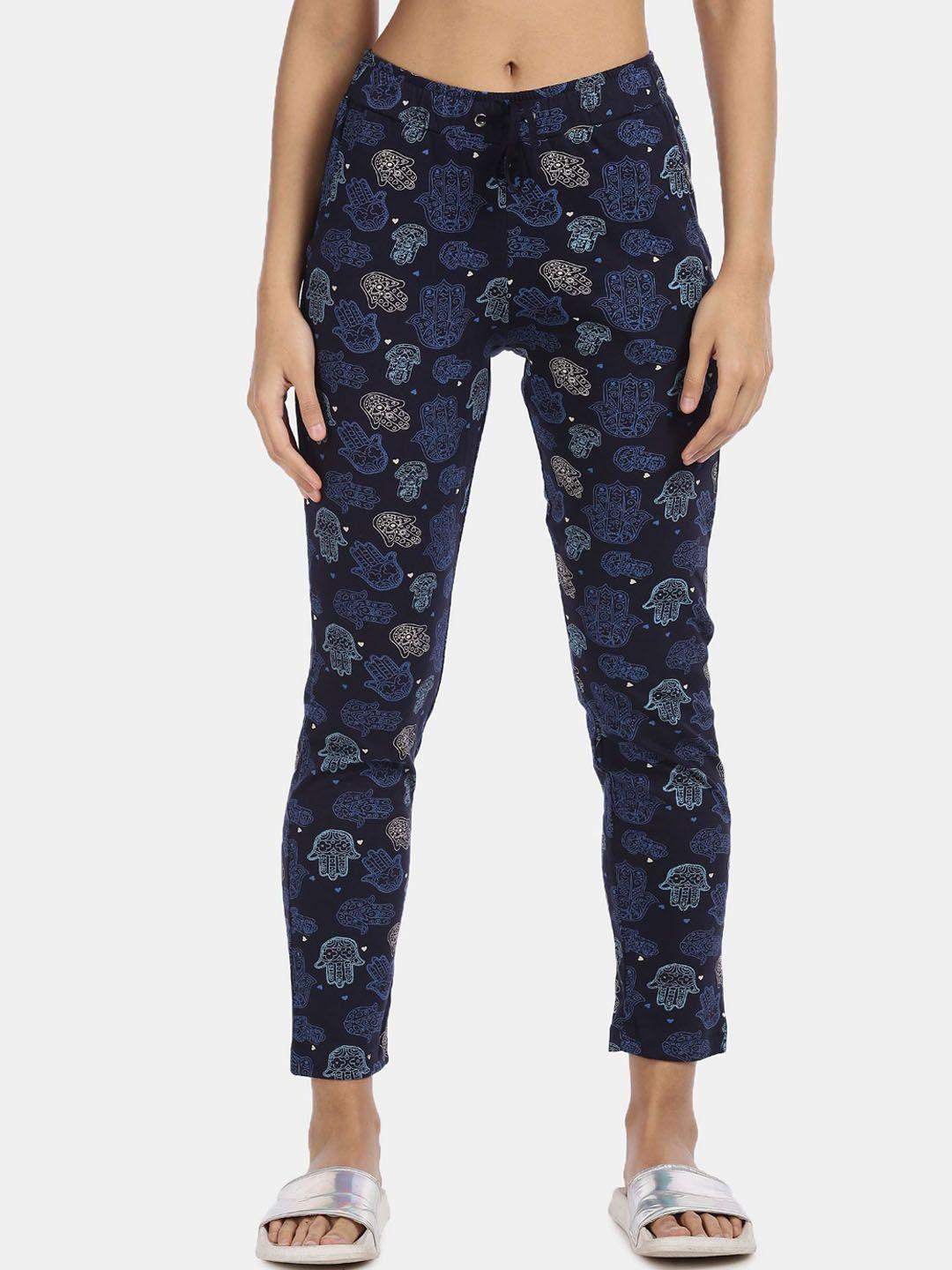 sugr women navy blue floral printed elasticized waist hamsa print lounge pants