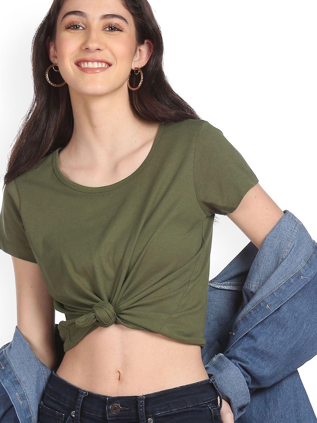 sugr women olive green solid t-shirt
