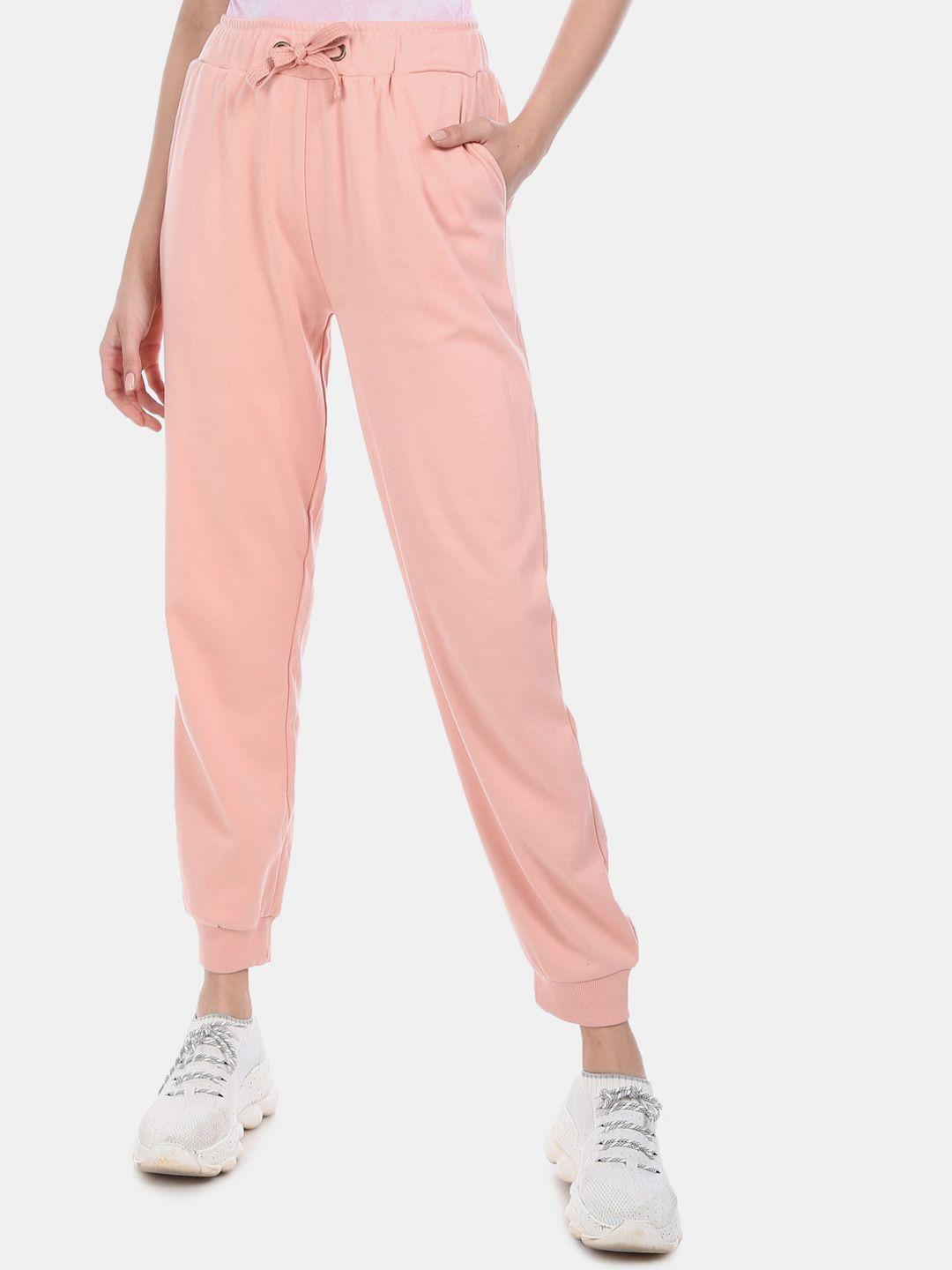 sugr women peach-coloured solid straight-fit joggers