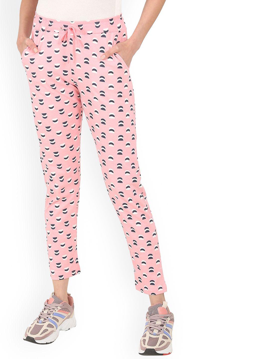 sugr women pink & white printed cotton straight-fit track pants