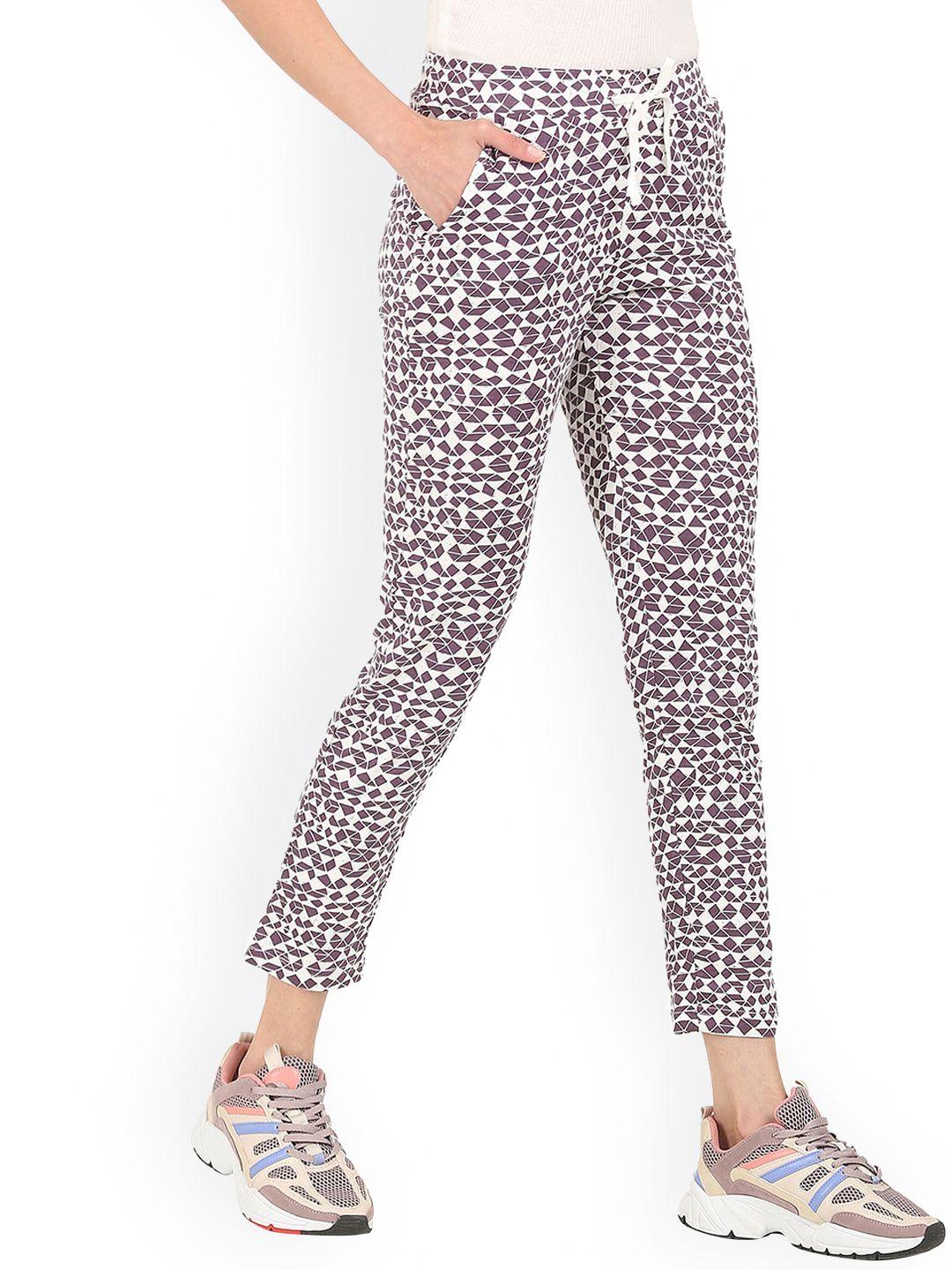 sugr women purple & white printed pure cotton straight-fit track pants
