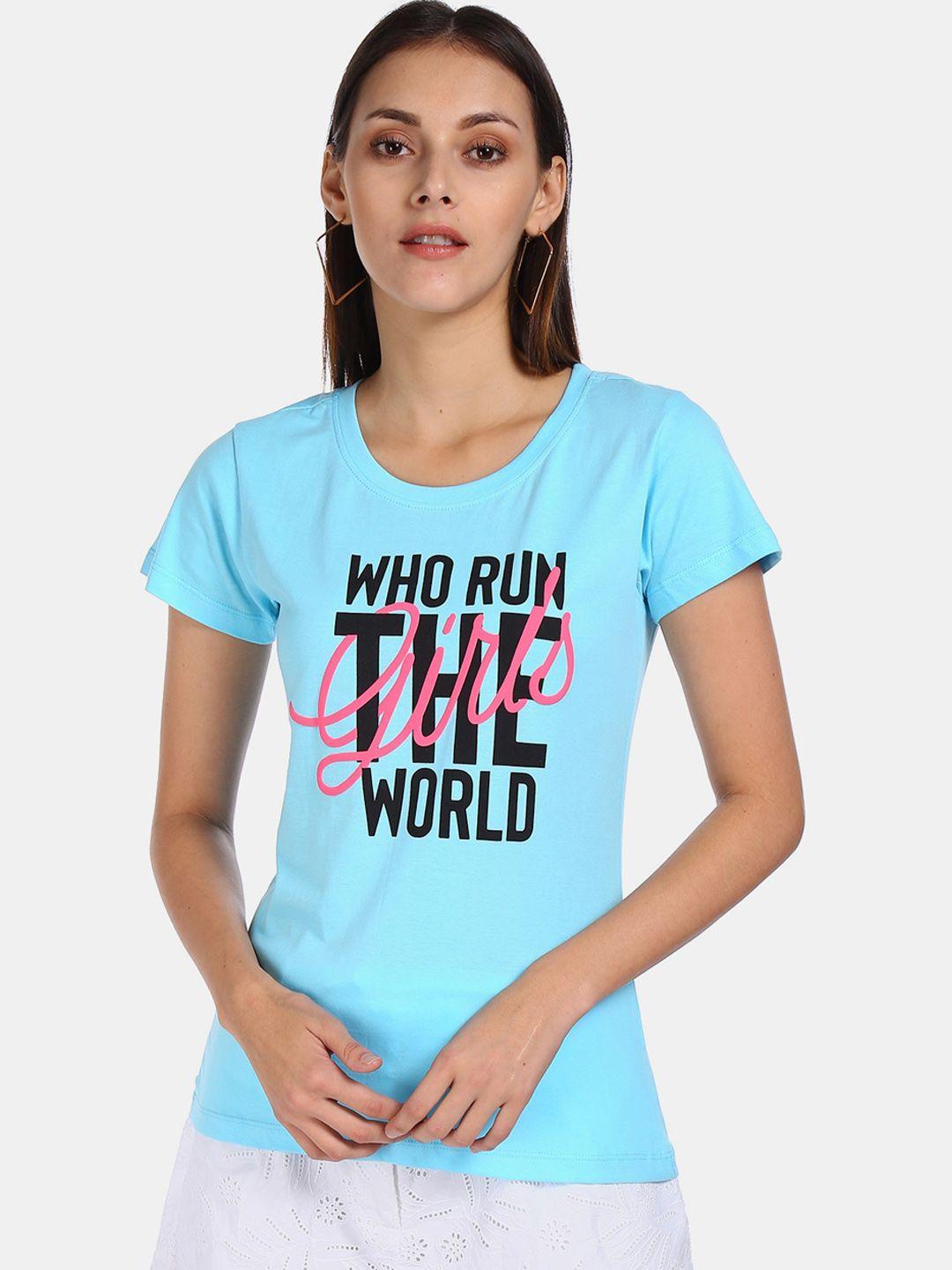 sugr women turquoise blue printed round neck cotton pure cotton t-shirt