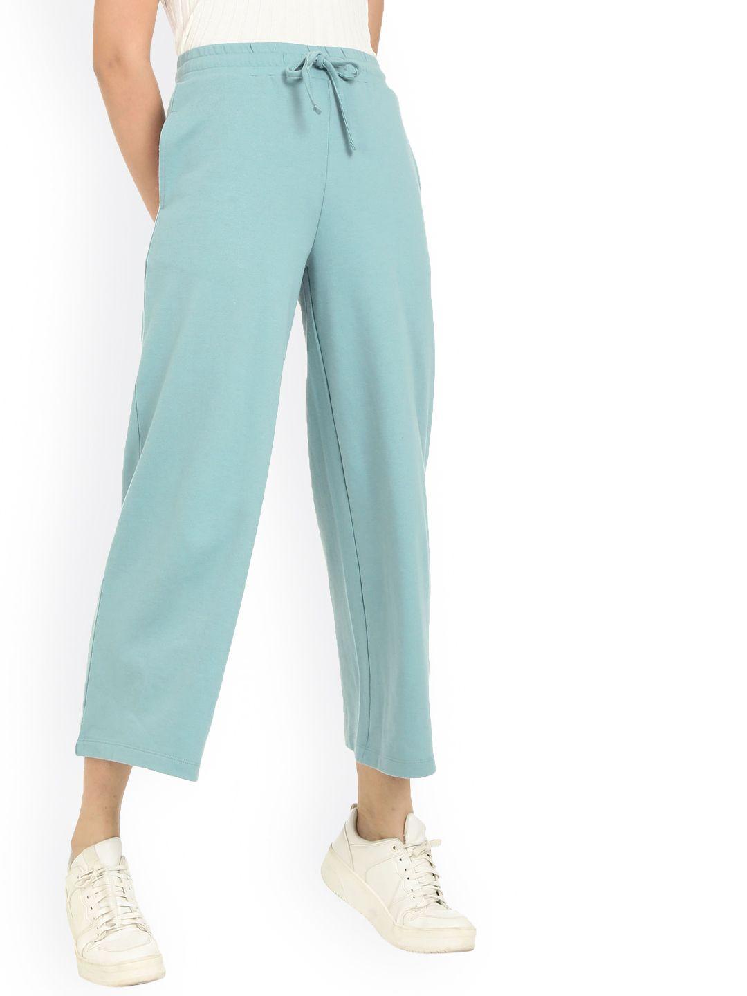 sugr women turquoise blue solid cropped straight track pants