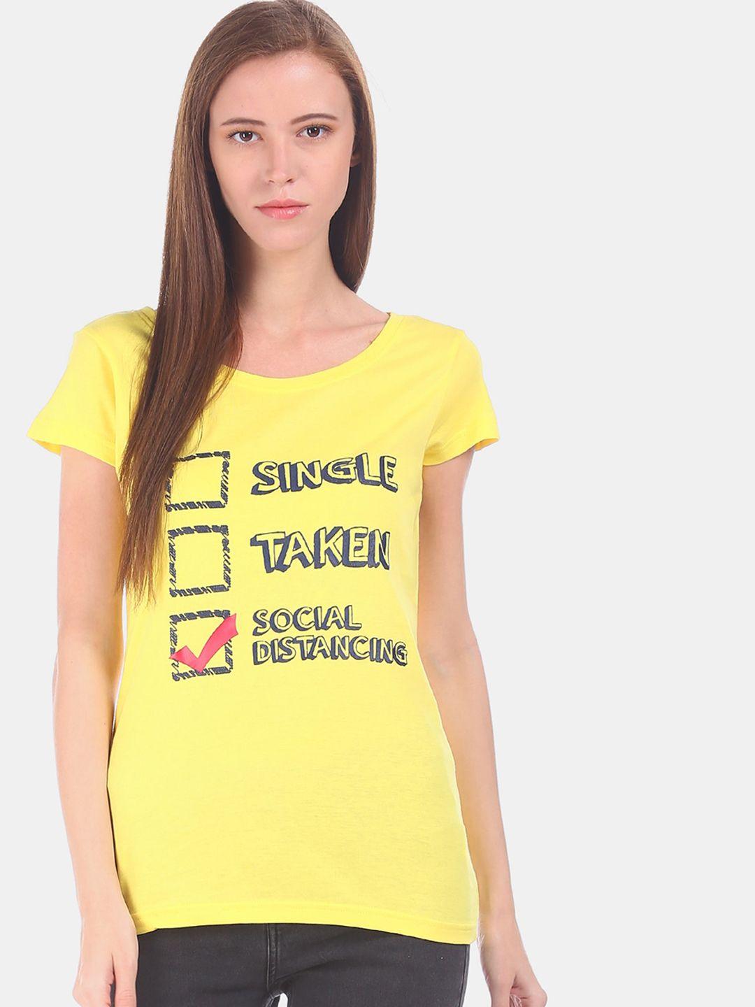 sugr women yellow & grey printed round neck t-shirt