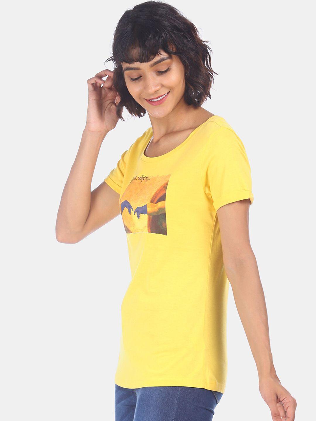 sugr women yellow printed round neck pure cotton t-shirt