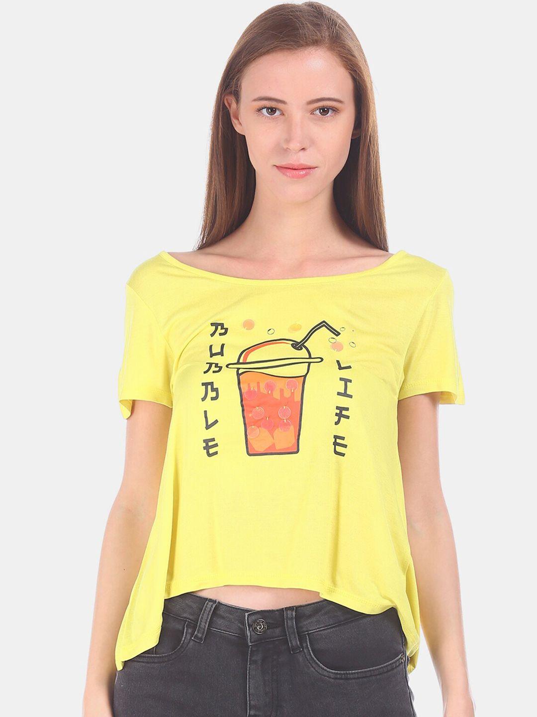 sugr women yellow printed round neck t-shirt