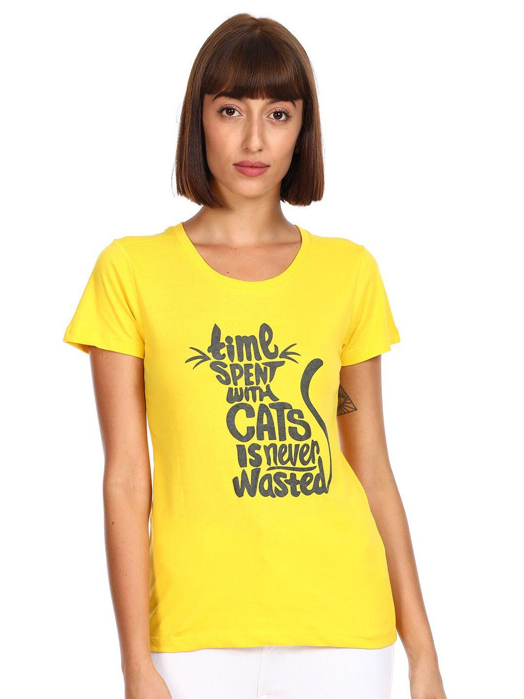 sugr women yellow typography printed t-shirt