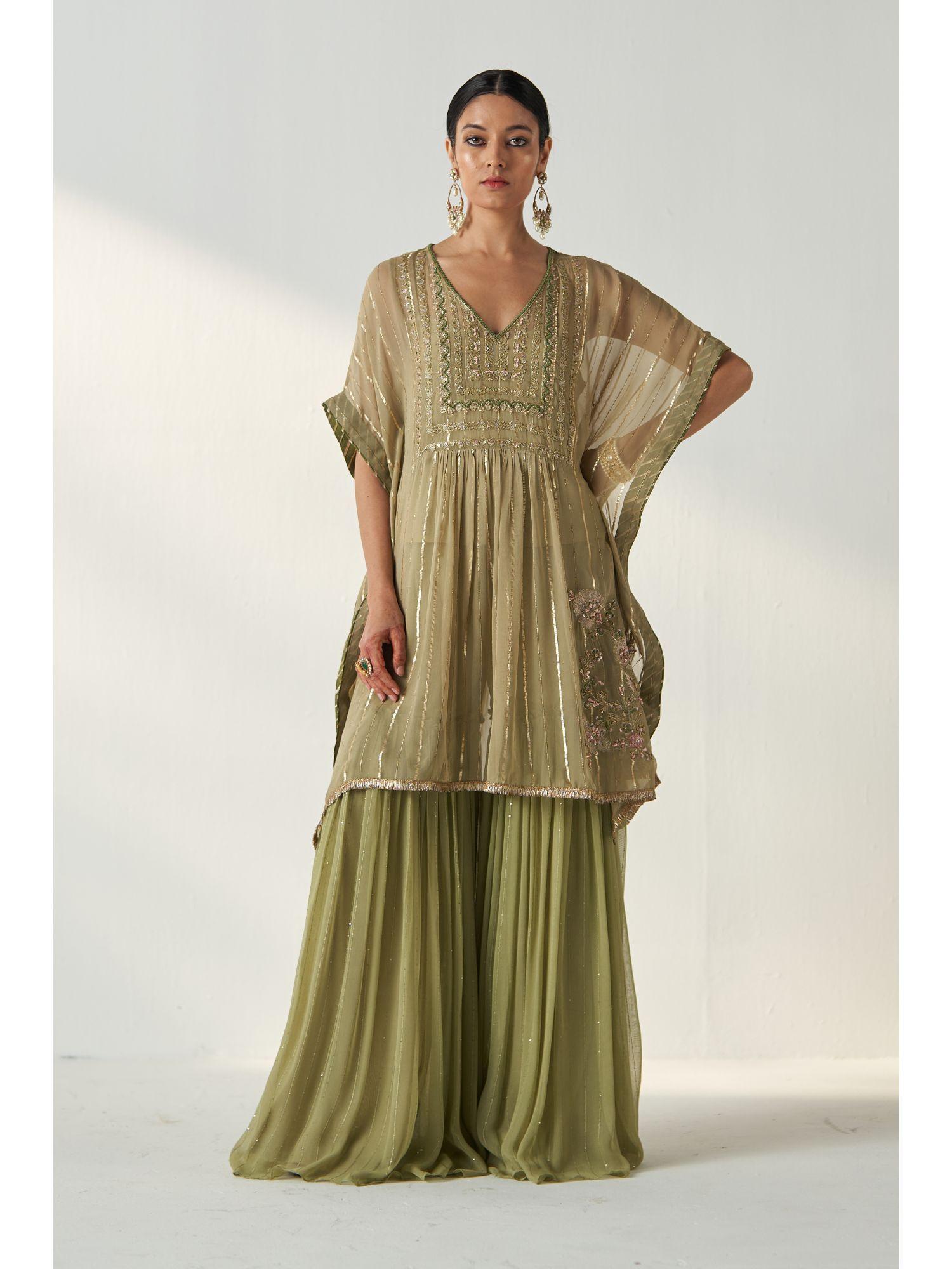 suhana green kaftan sharara (set of 3)