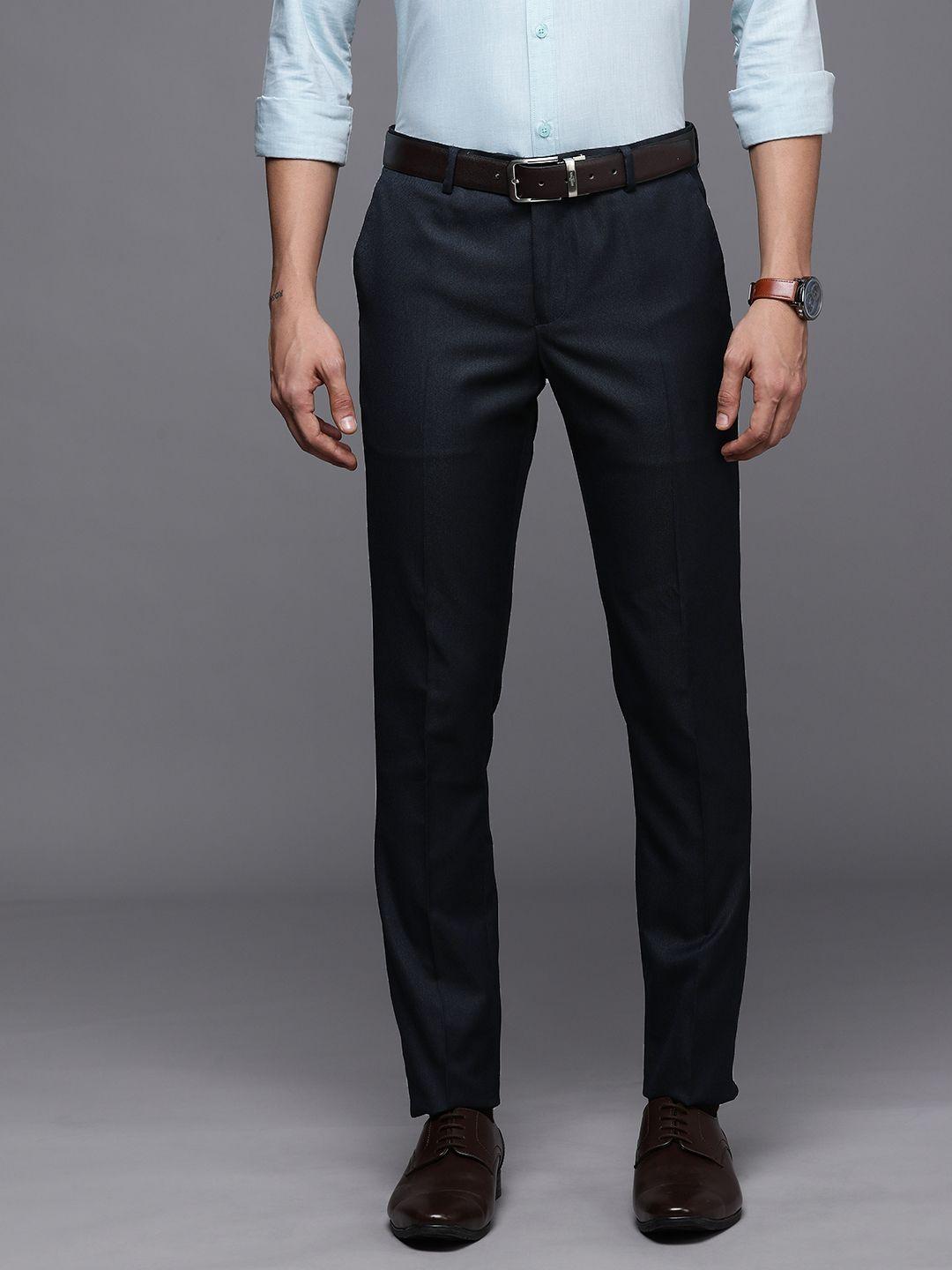 suitltd men navy blue solid smart slim fit trousers