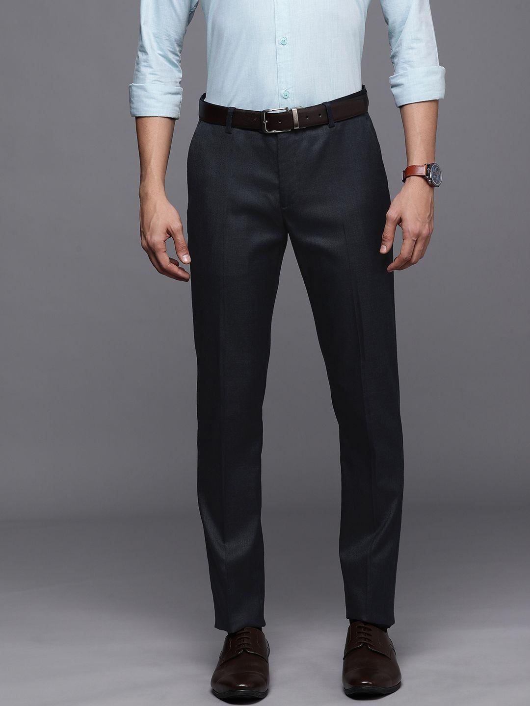 suitltd men navy blue solid smart slim fit trousers