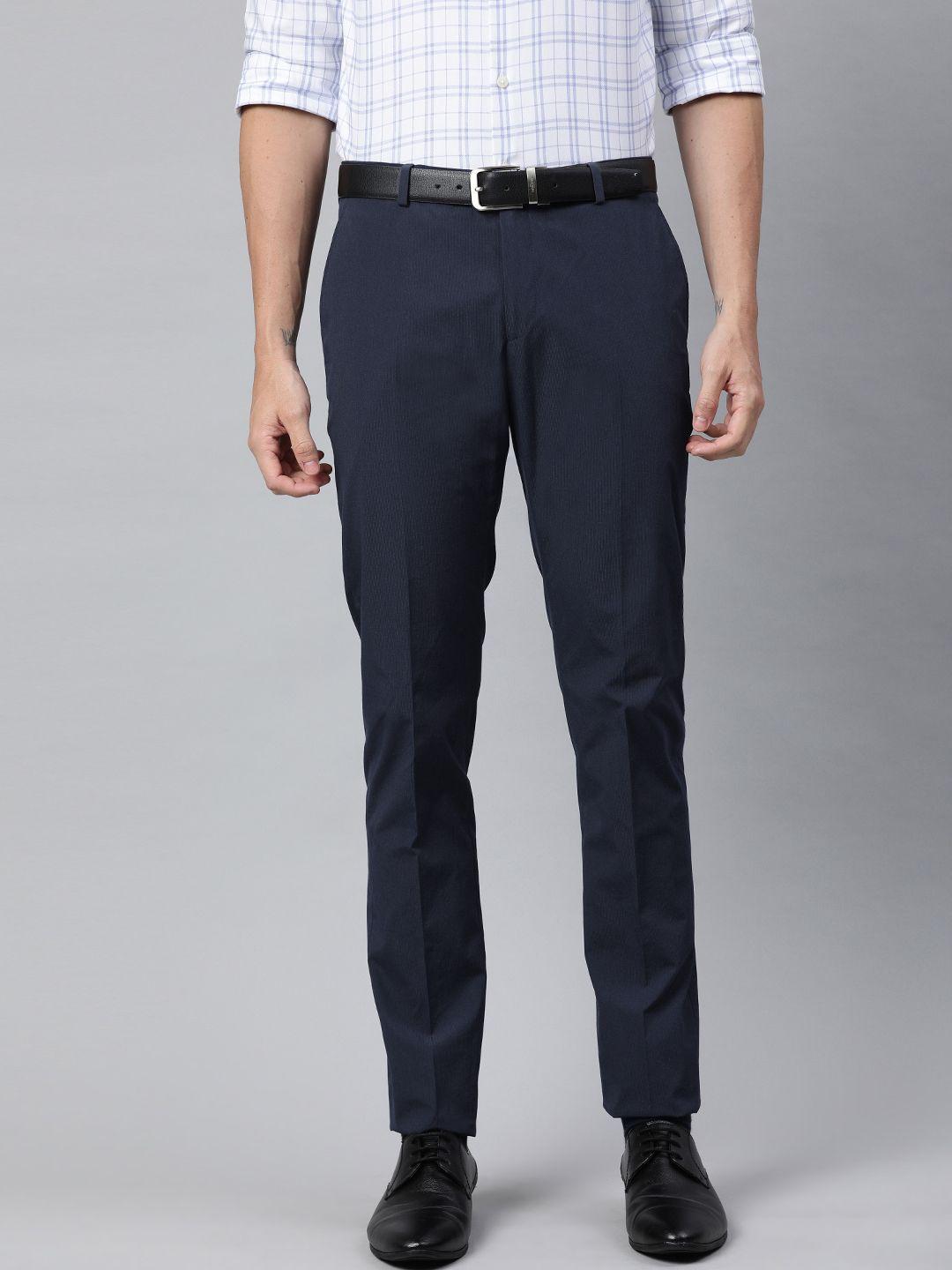 suitltd men navy blue slim fit solid formal trousers