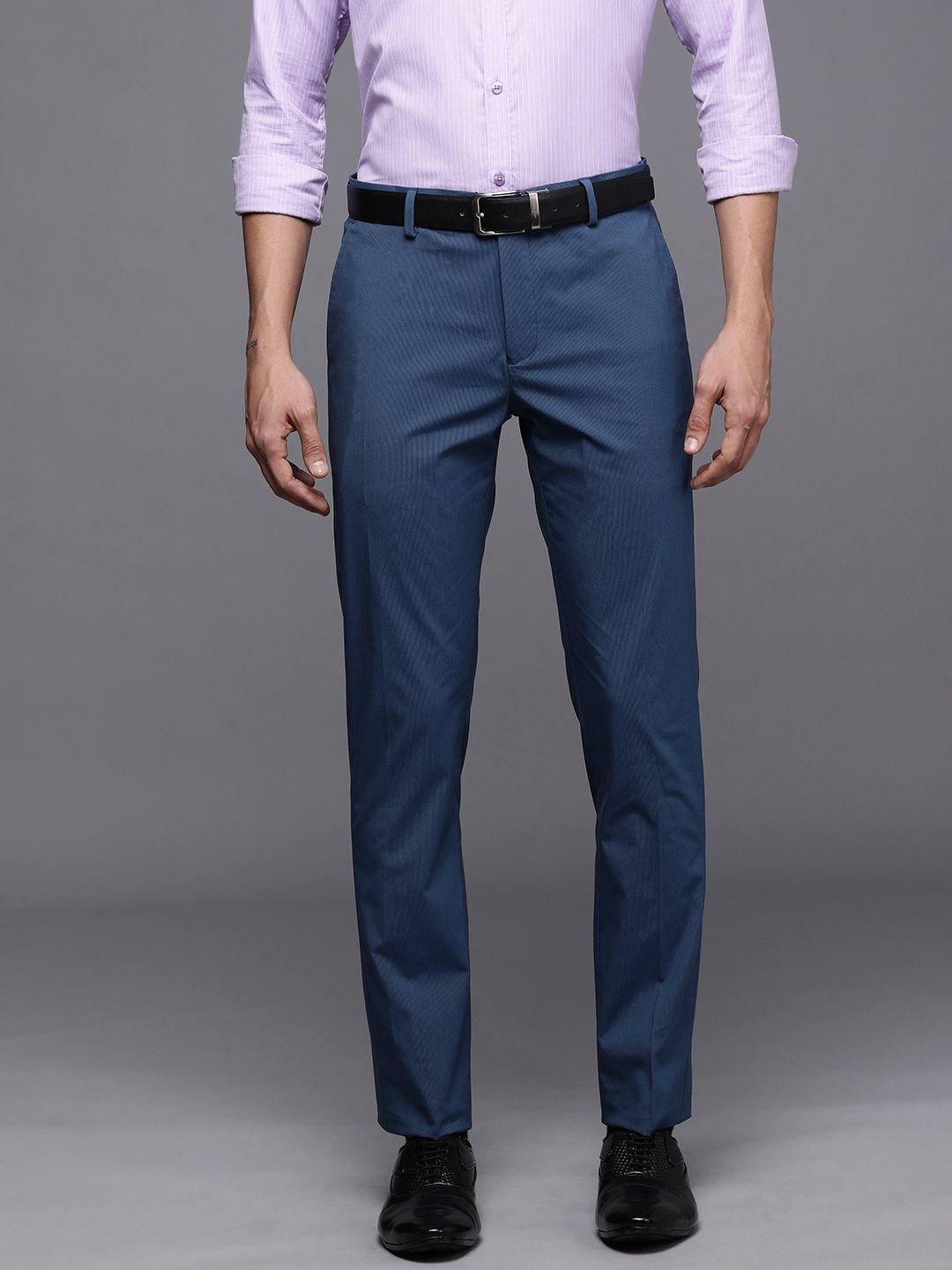 suitltd men navy blue solid smart slim fit trousers