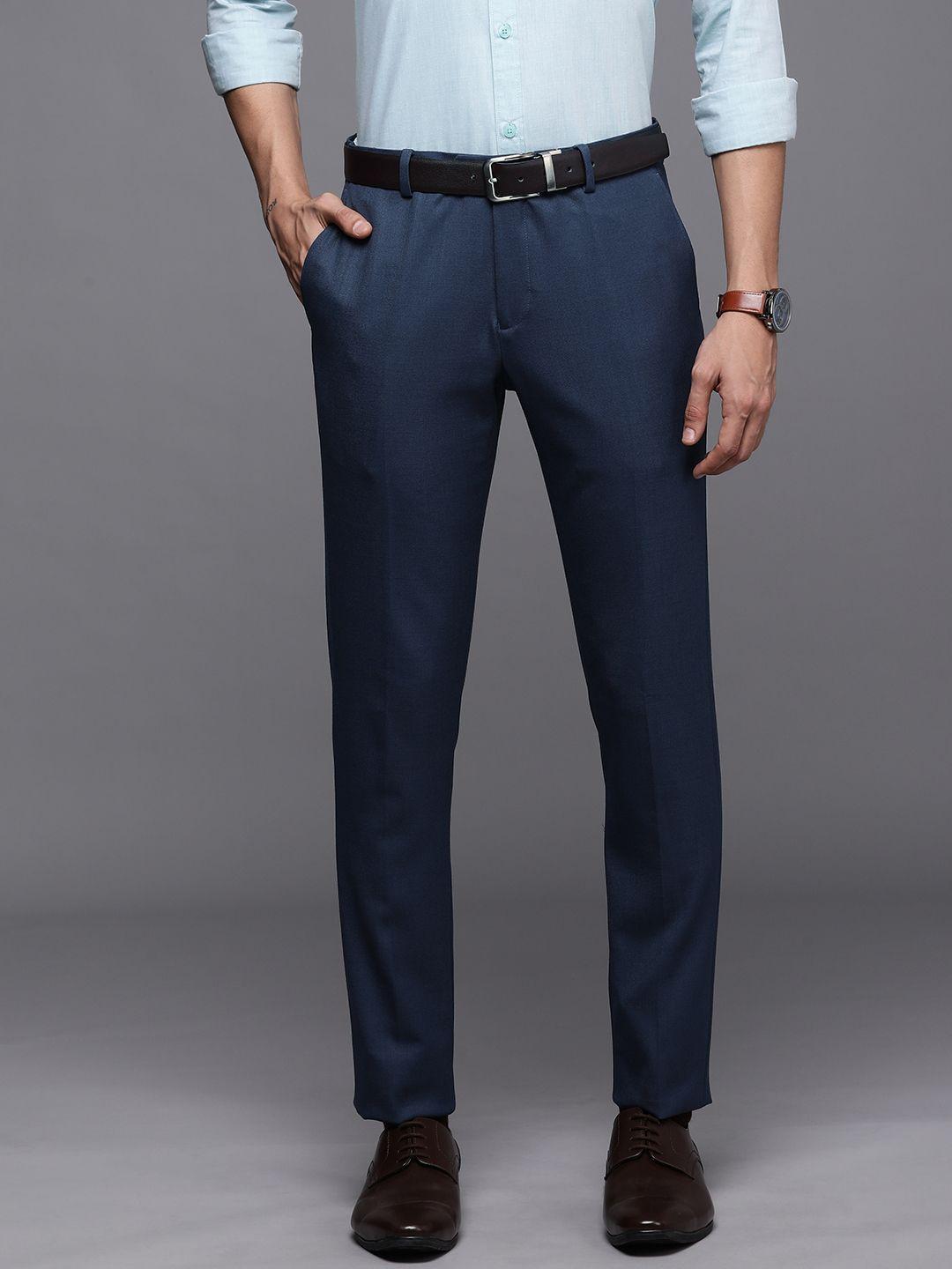 suitltd men navy blue solid smart slim fit trousers