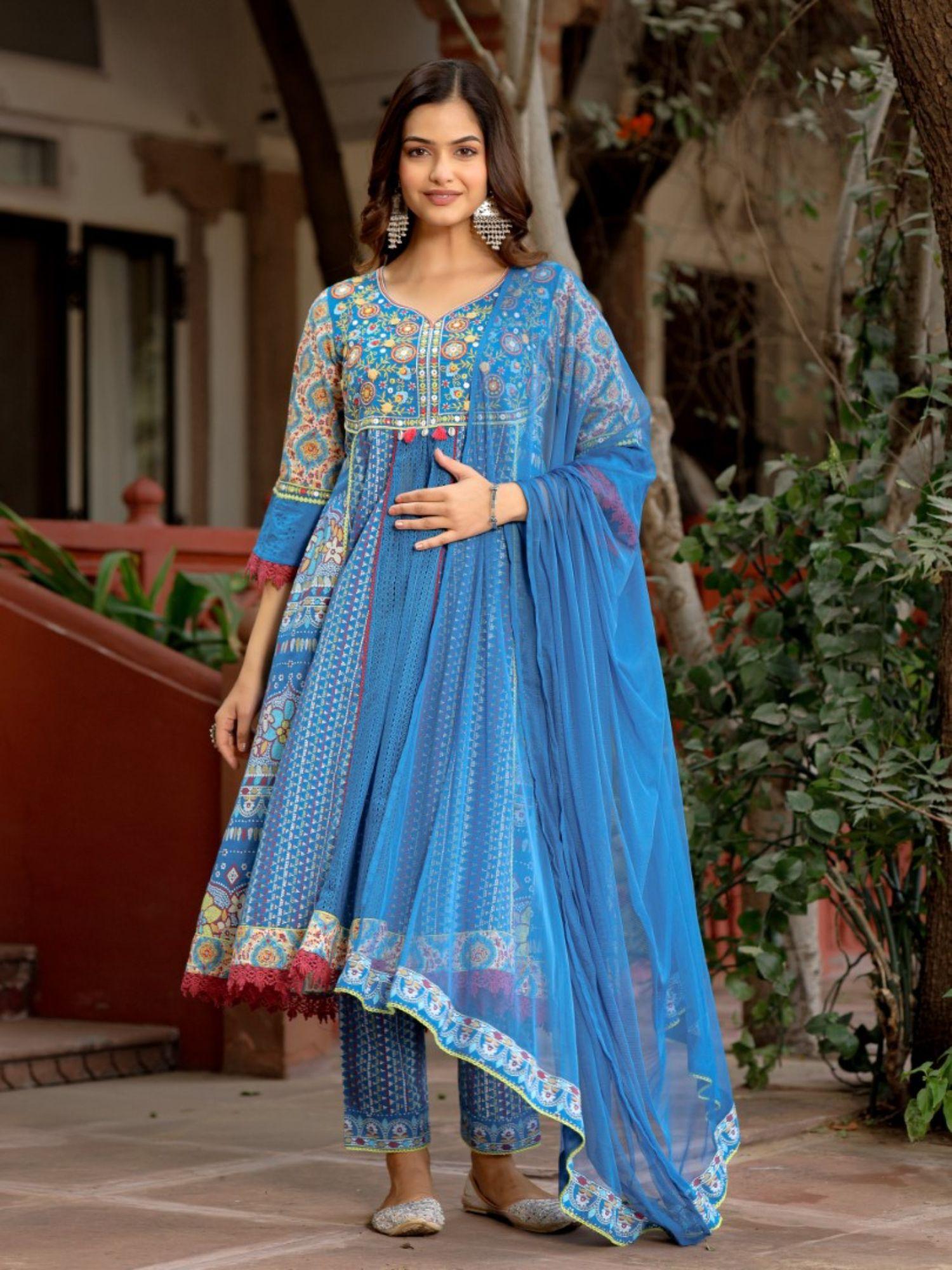 sujani blue cotton & net floral printed & embroidered panelled kurta with pants and dupatta set