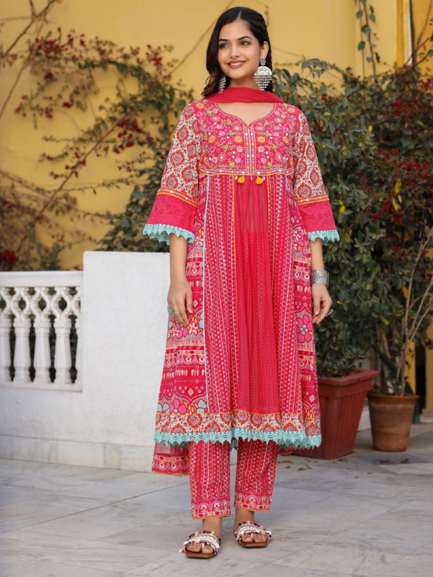 sujani pink cotton & net floral printed & embroidered panelled kurta with pants and dupatta set