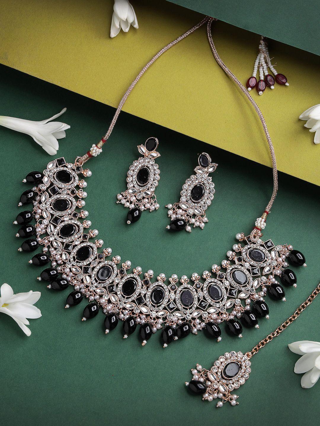sukkhi gold-plated black ad stone-studded & pearl beaded jewellery set