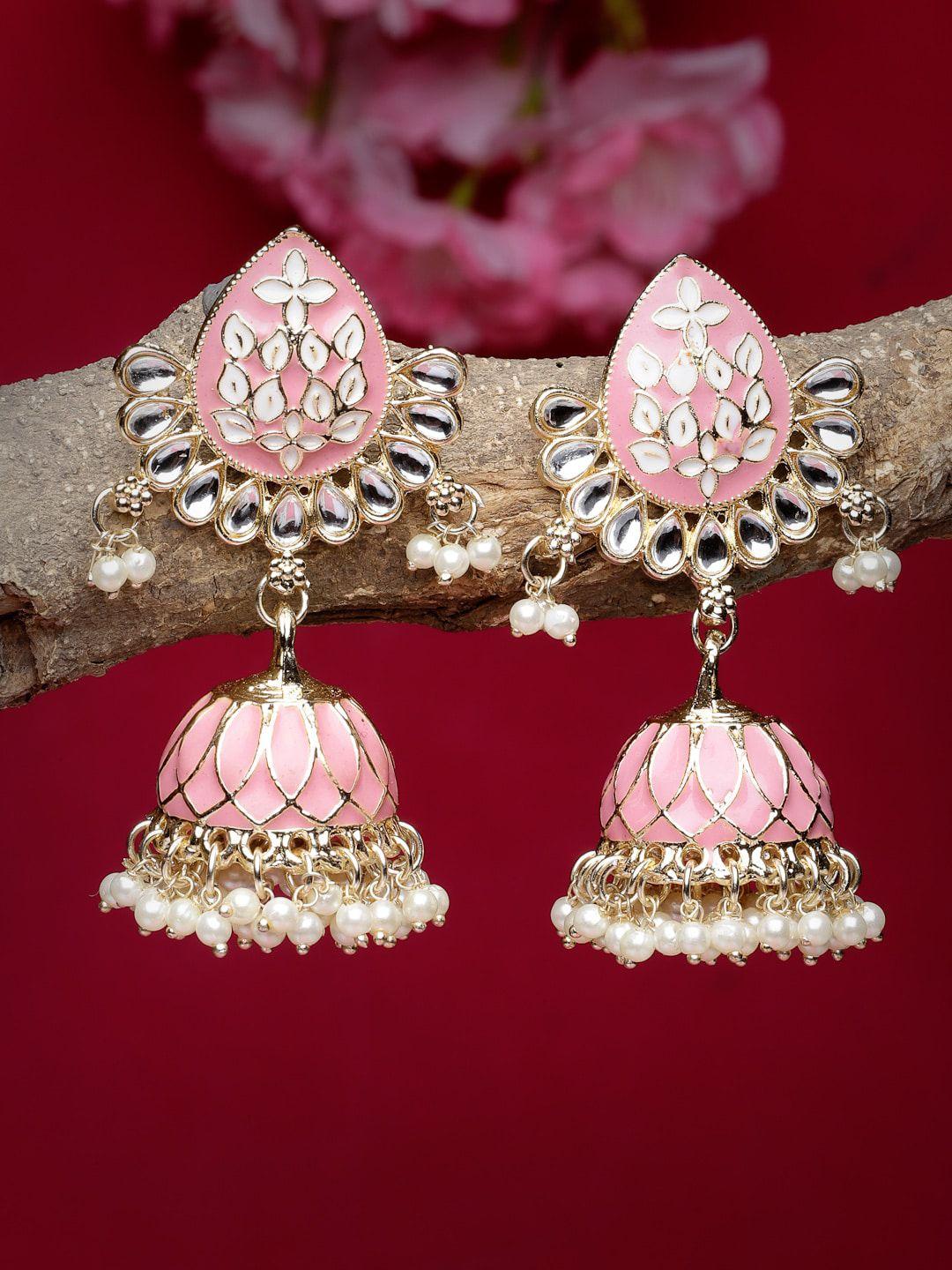 sukkhi gold-plated kundan studded contemporary jhumkas earrings