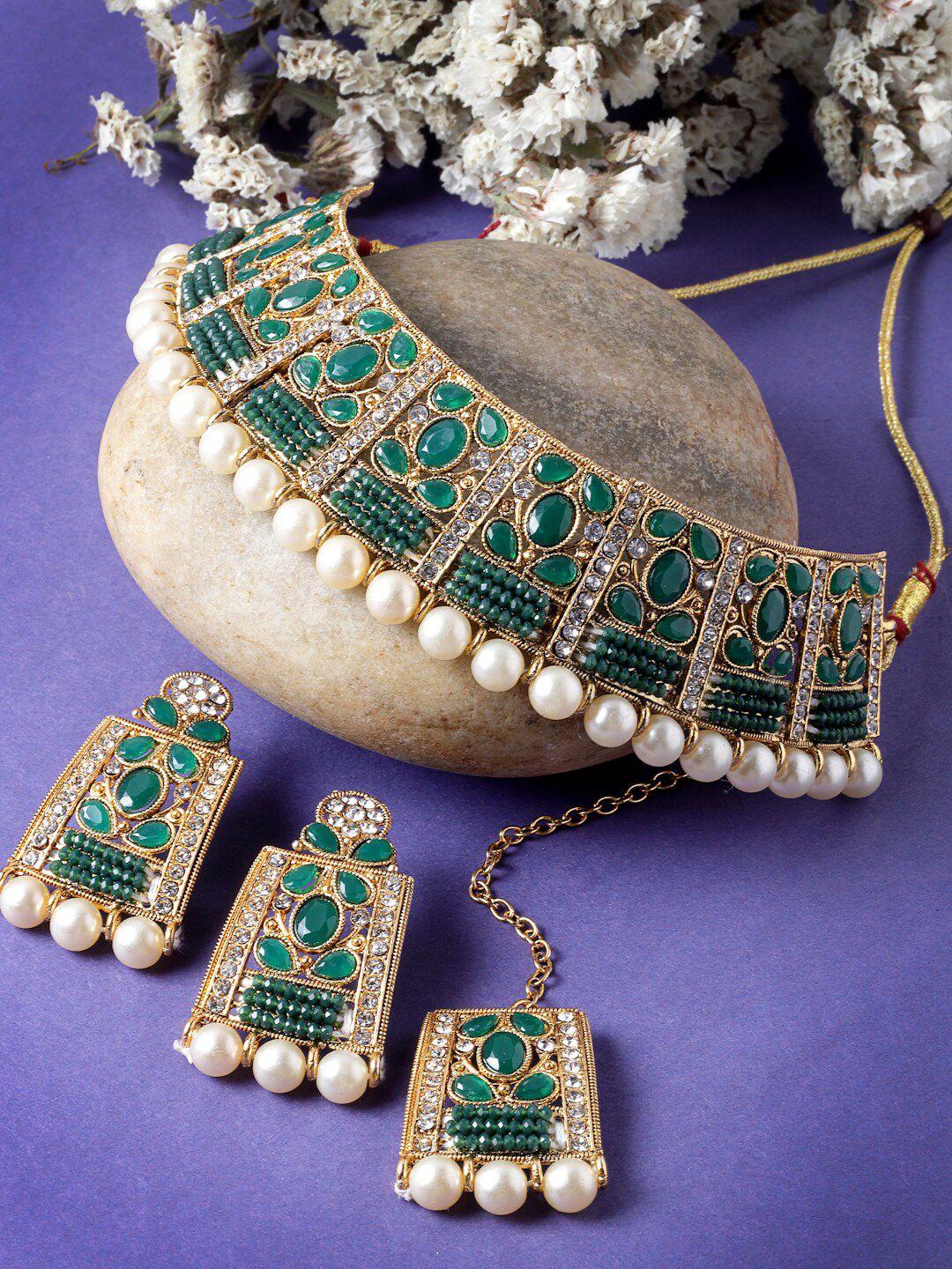 sukkhi gold-plated stone-studded & pearls beaded choker necklace jewellery set