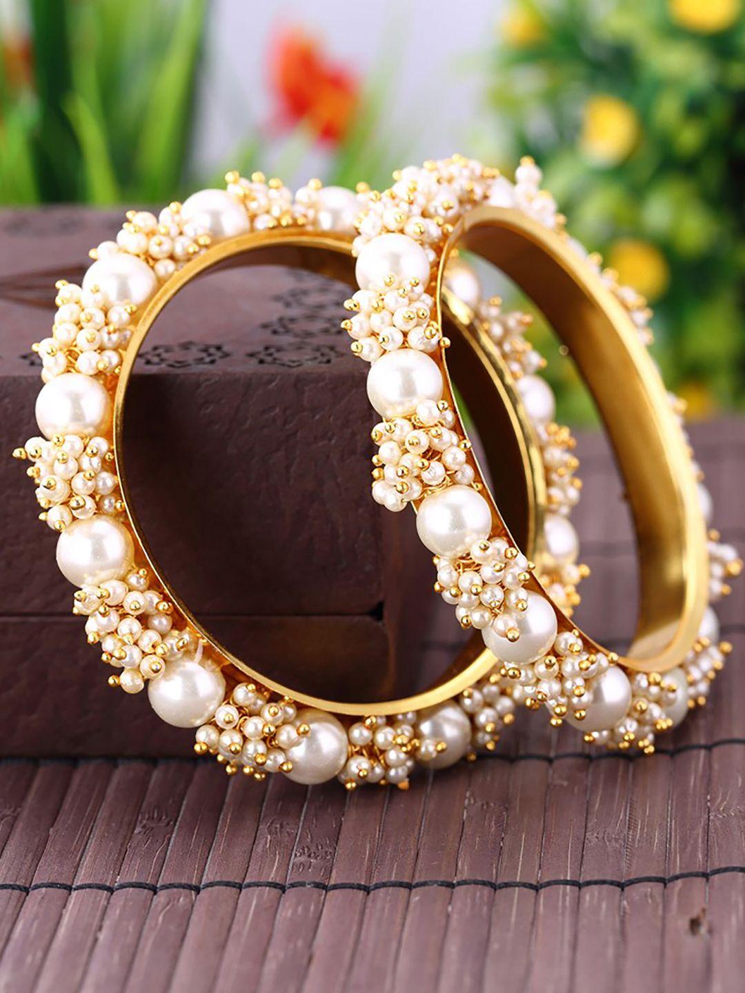 sukkhi set of 2 gold-plated & off-white pearl beaded antique bangles