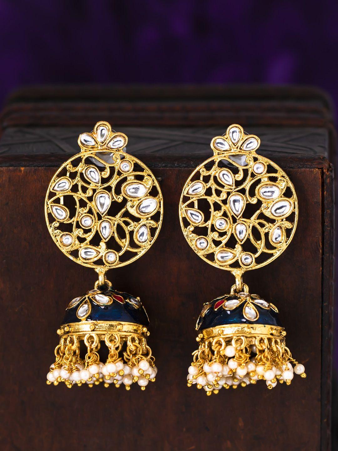 sukkhi blue & gold-toned dome shaped jhumkas