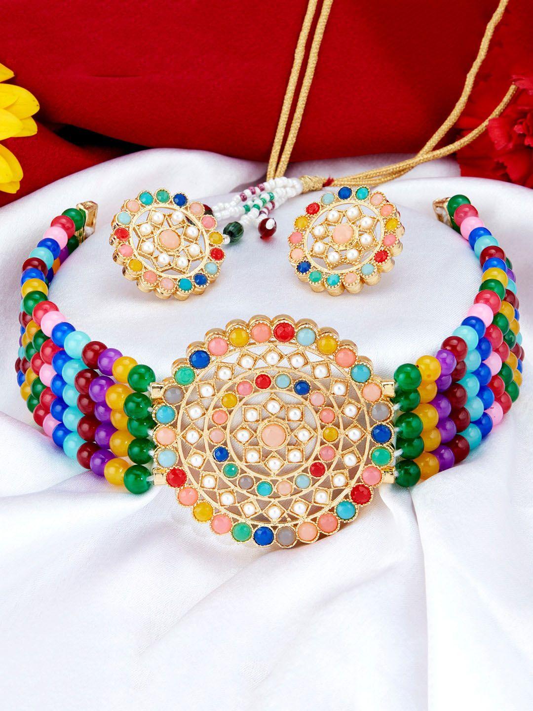 sukkhi gold-plated multi-coloured pearl-studded & beaded jewellery set