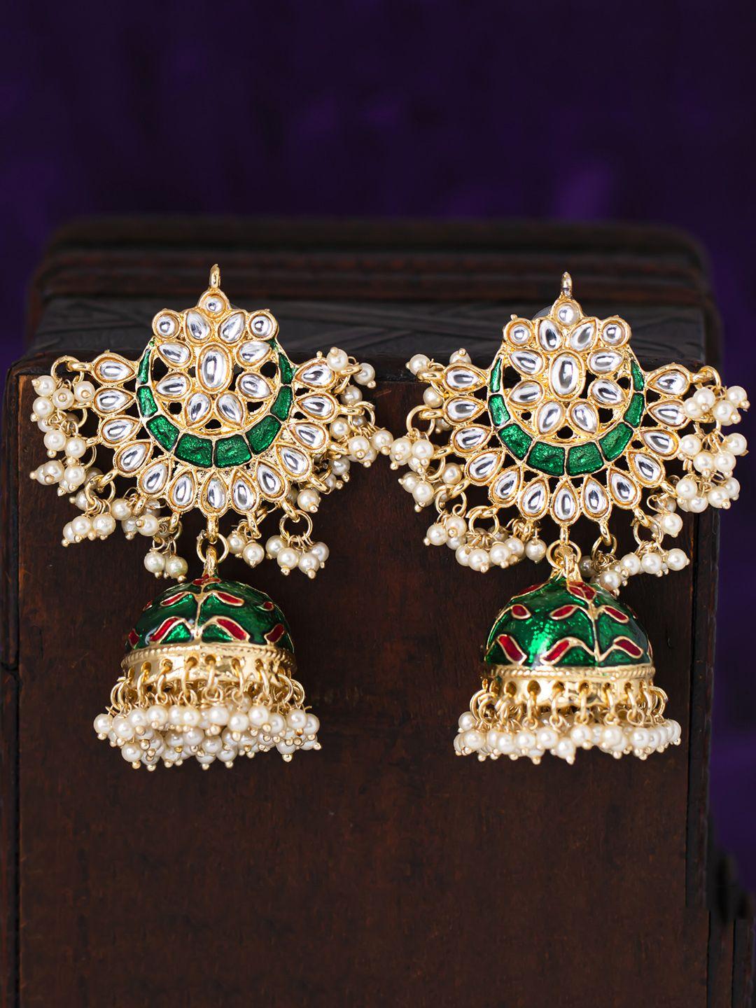 sukkhi green & gold-plated meenakari dome shaped jhumkas