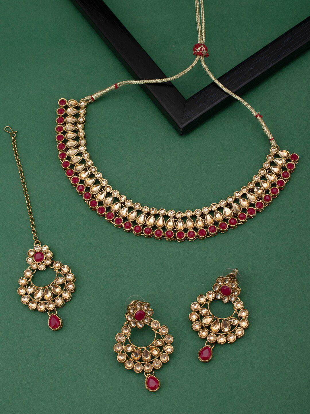 sukkhi lct maroon & gold-plated stone-studded sustainable jewellery set