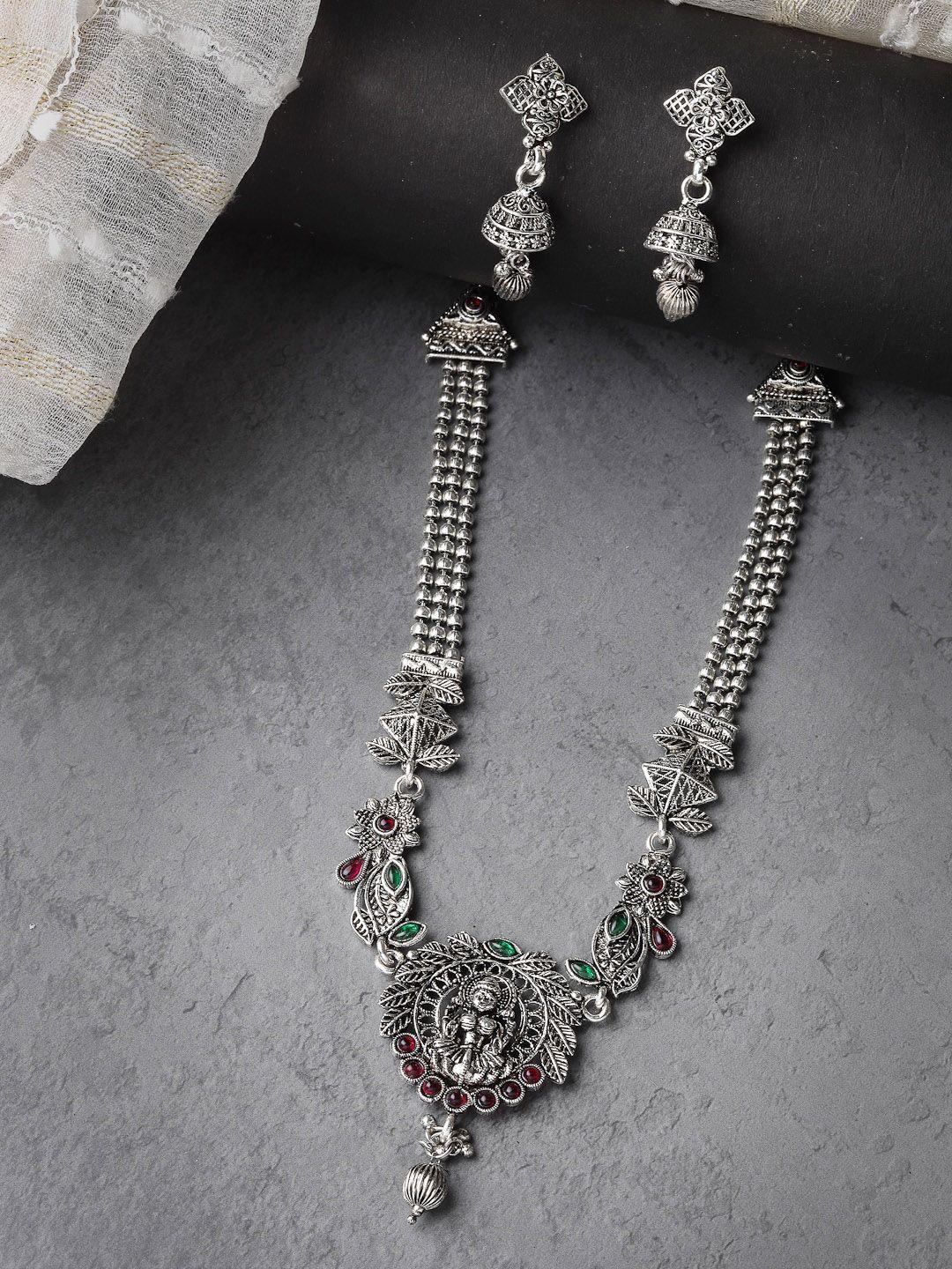 sukkhi oxidised rhodium plated american diamond-studded jewellery set