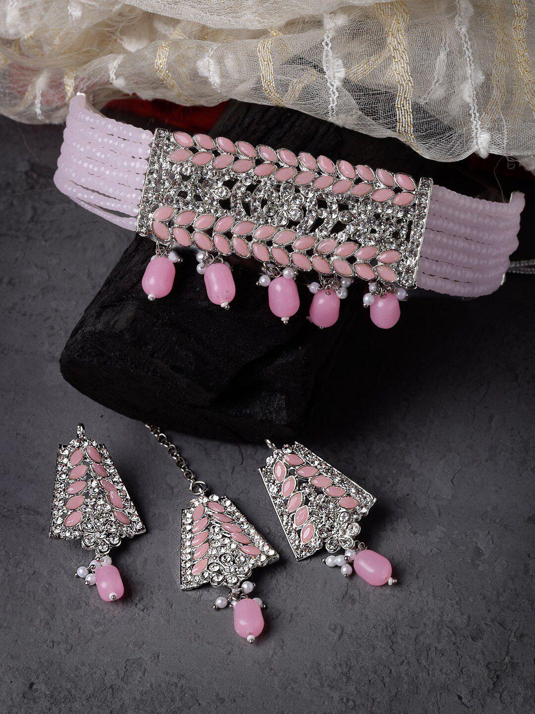 sukkhi rhodium plated ad studded & beaded jewellery set