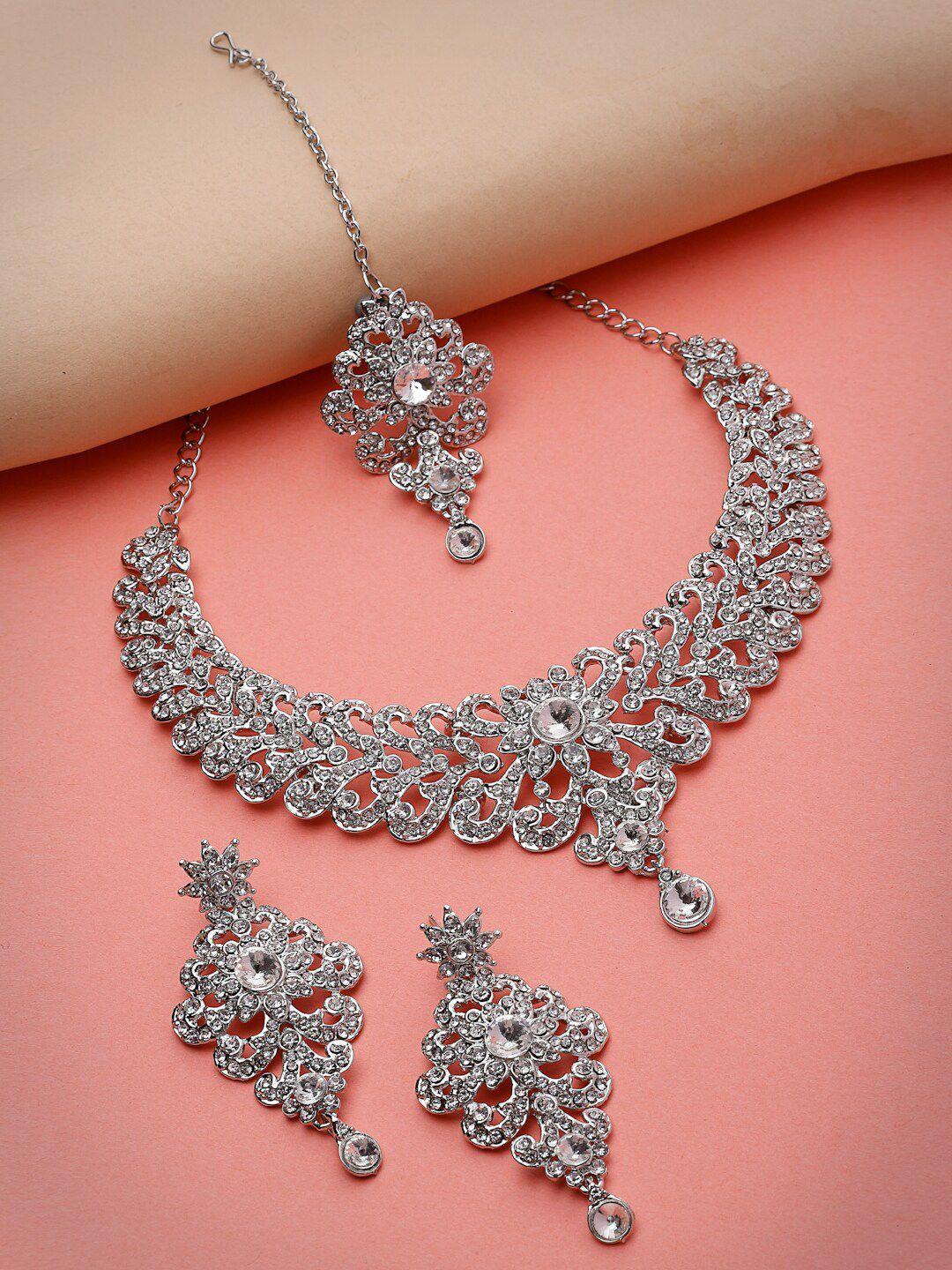 sukkhi rhodium-plated american diamond-studded necklace with earrings and maang tika