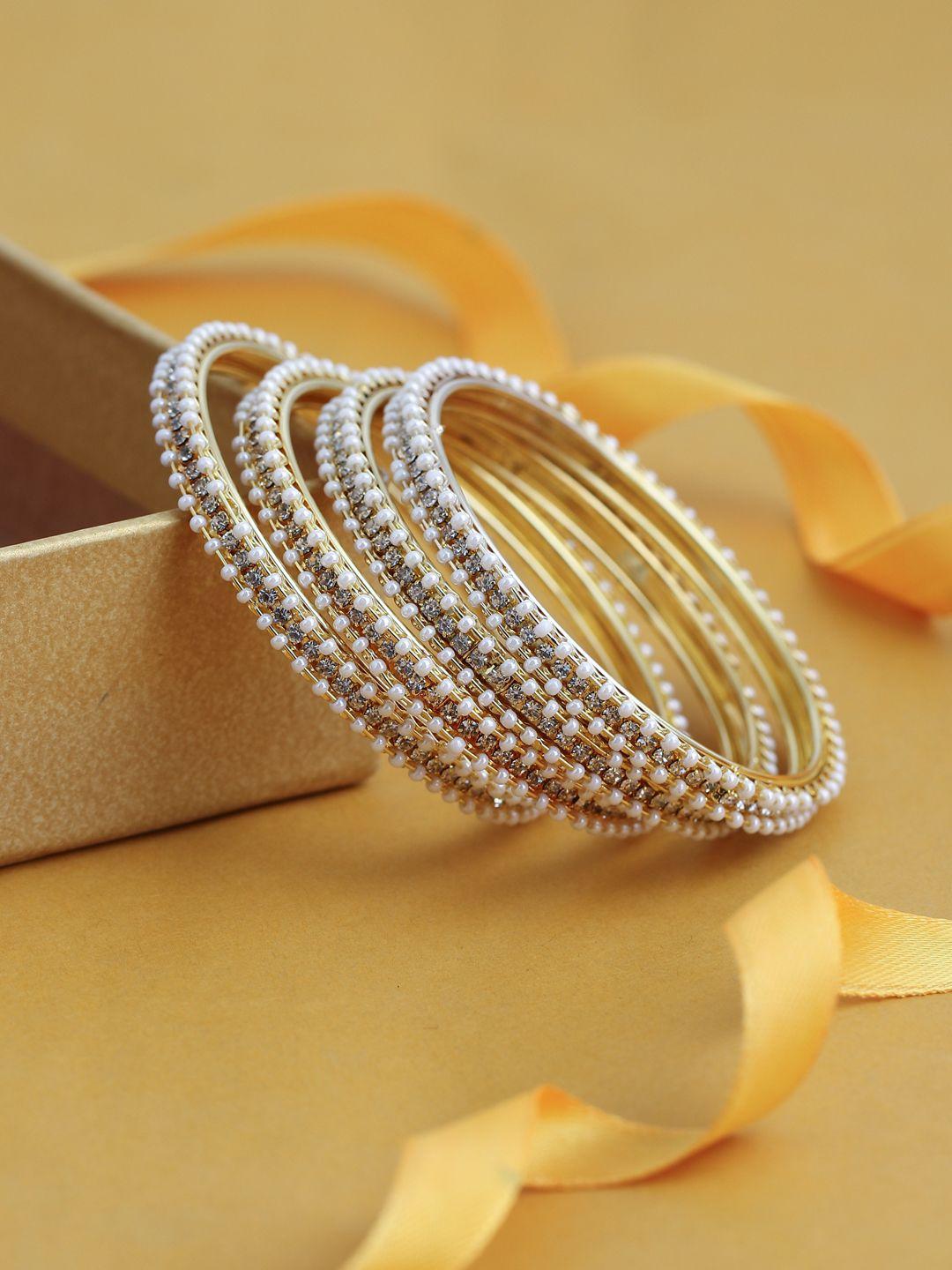 sukkhi set of 4 gold-plated white austrian diamond-studded pearl bangles