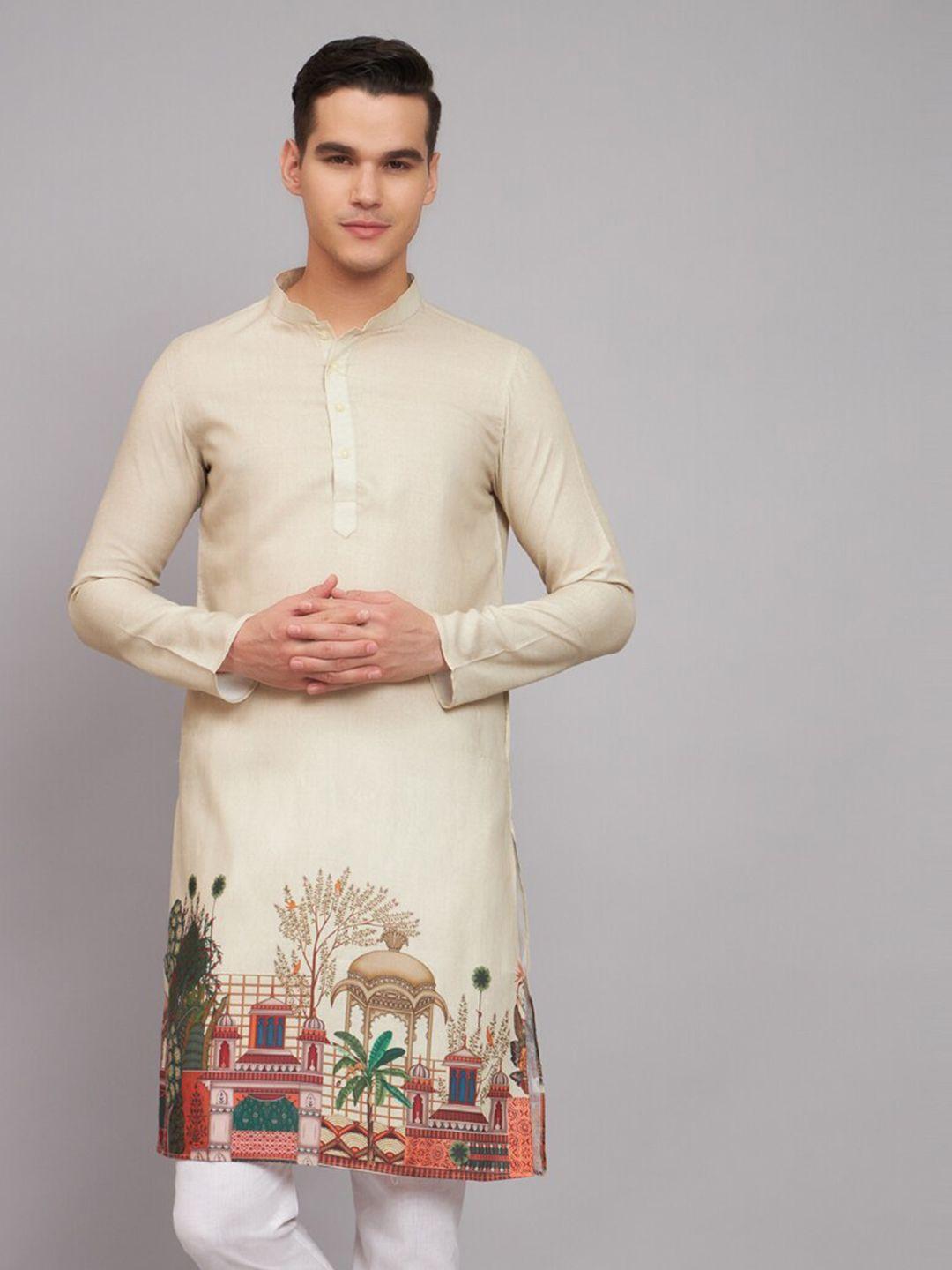 suktam trendz ethnic motifs printed mandarin collar linen straight kurta