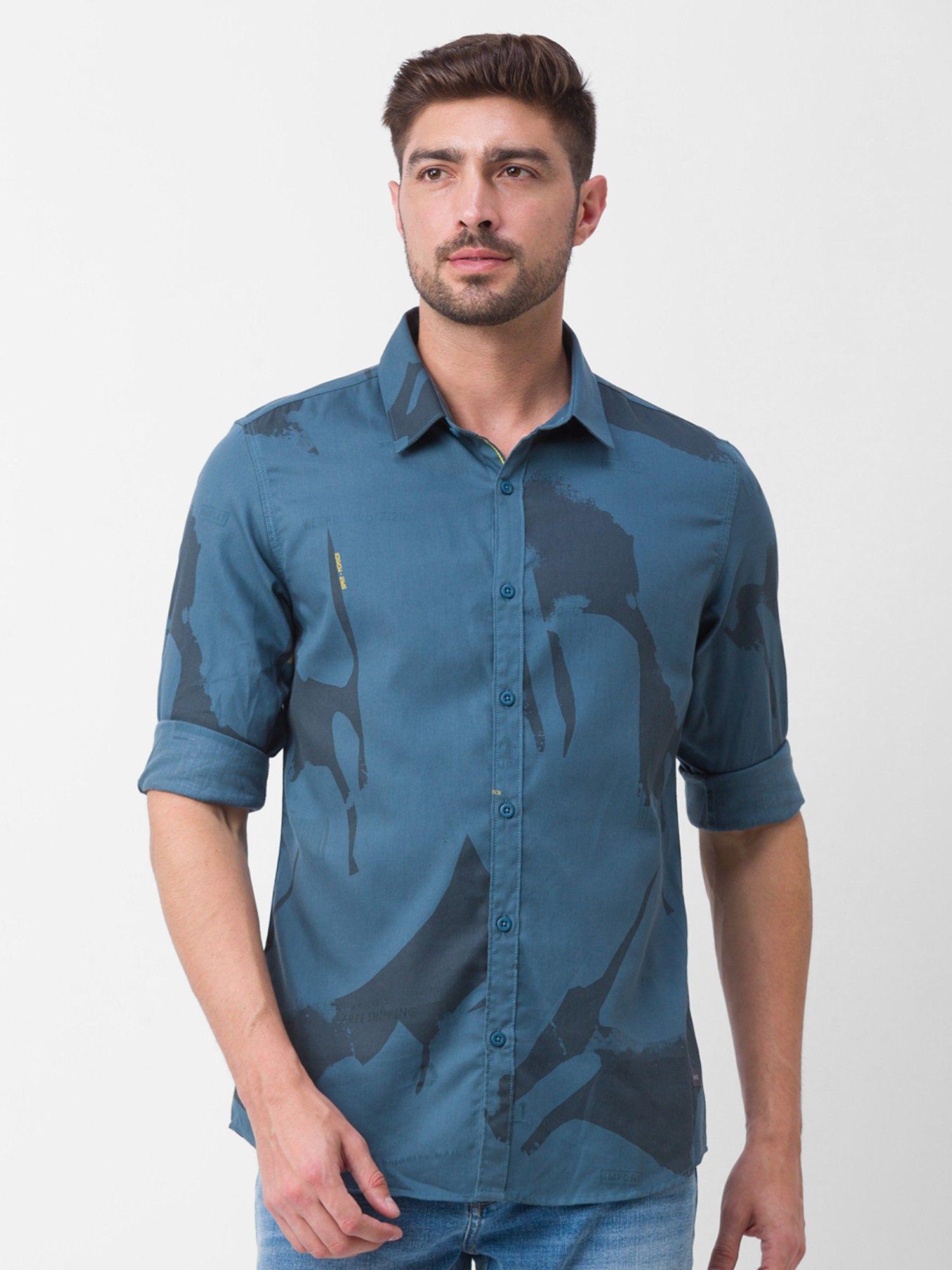 sulphur teal cotton full sleeve printed shirt