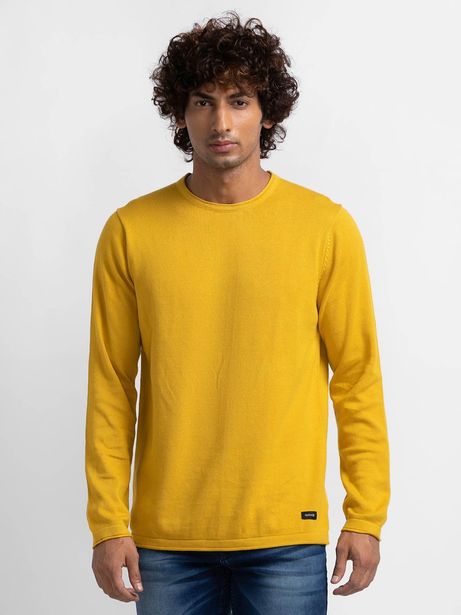 sulphur yellow cotton full sleeve casual sweater for men