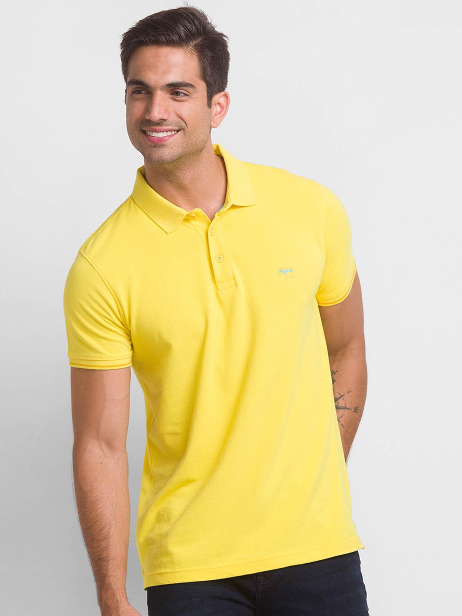 sulphur yellow cotton half sleeve plain casual polo t-shirt for men