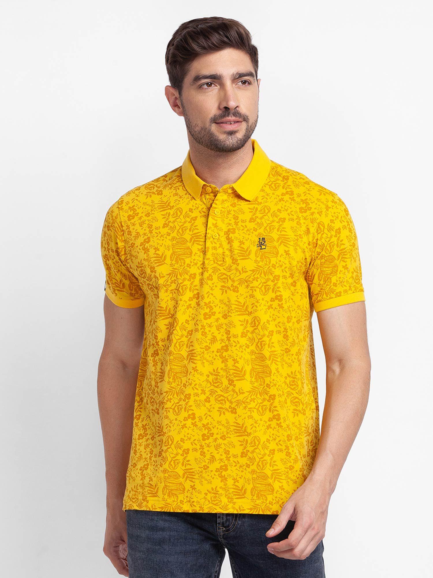 sulphur yellow cotton half sleeve printed casual polo t-shirt for men