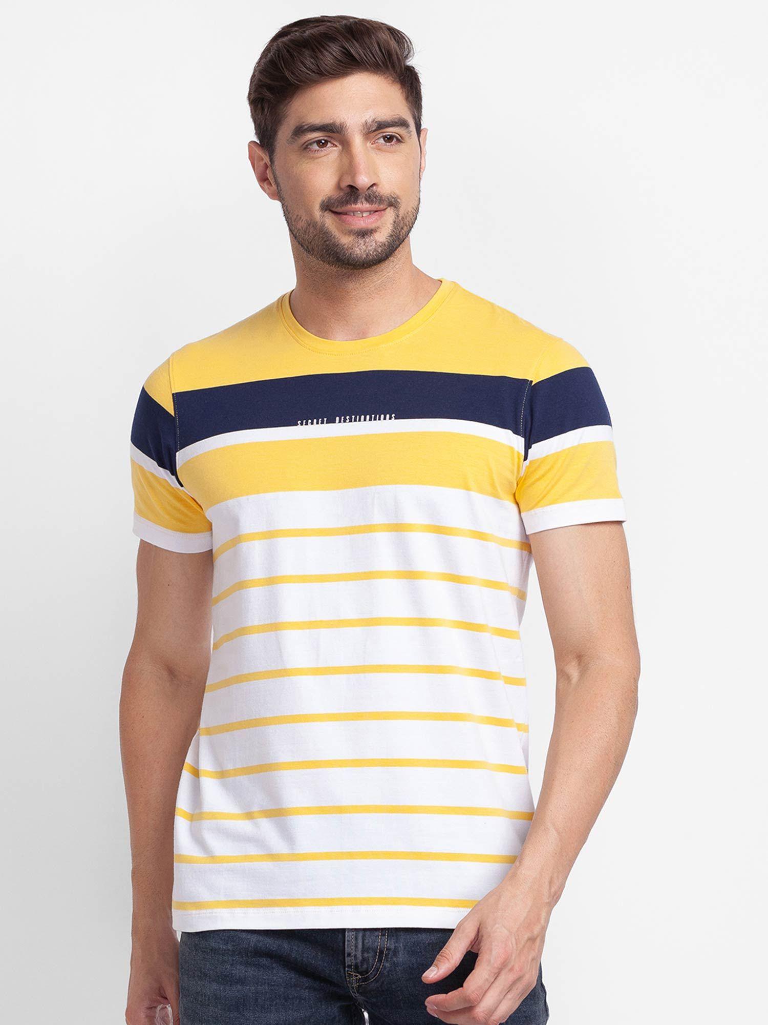 sulphur yellow cotton half sleeve stripes casual t-shirt for men