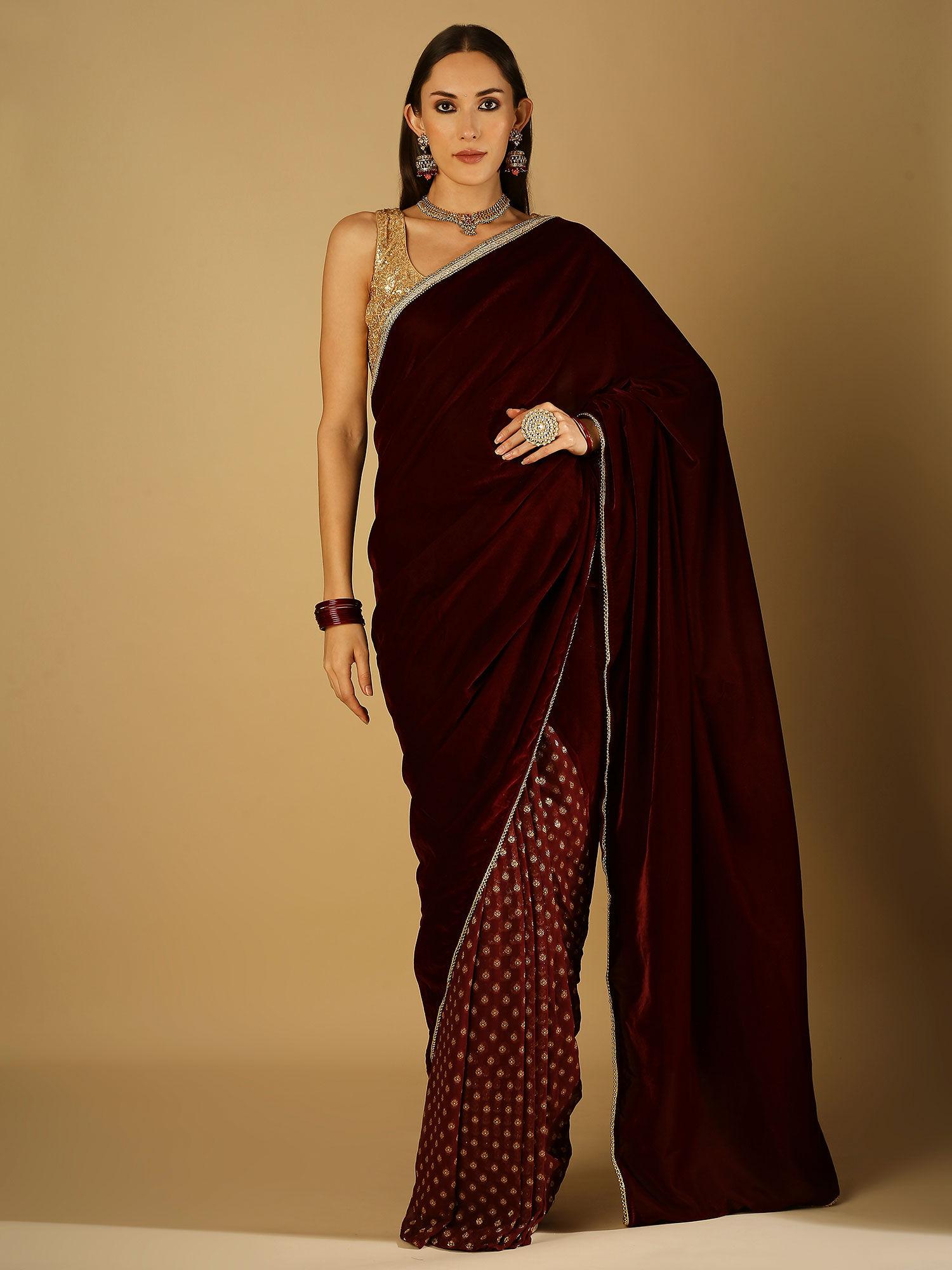sultana-saree with stitched blouse- maroon