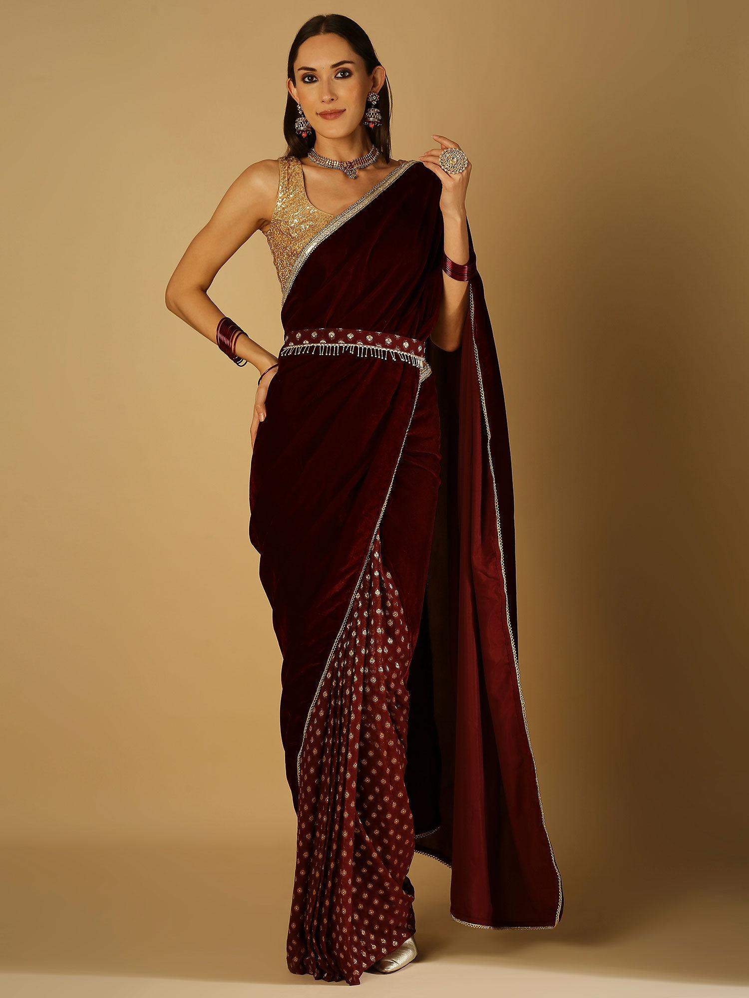 sultana-saree with stitched blouse and belt- maroon