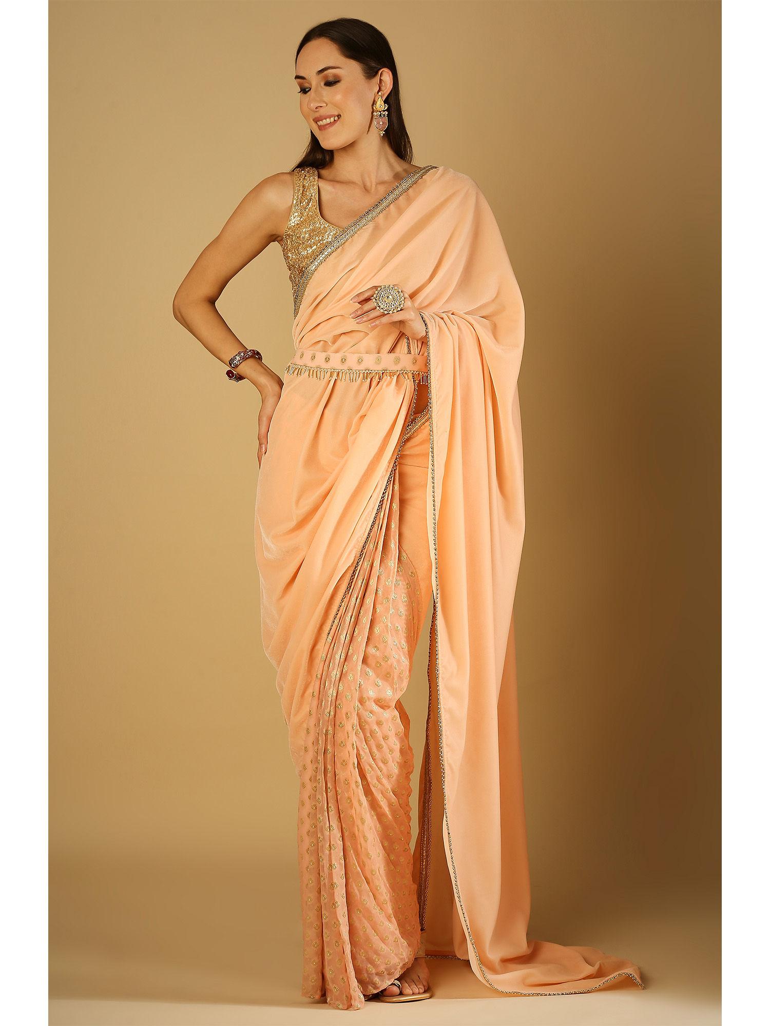 sultana-saree with stitched blouse and belt- peach pink