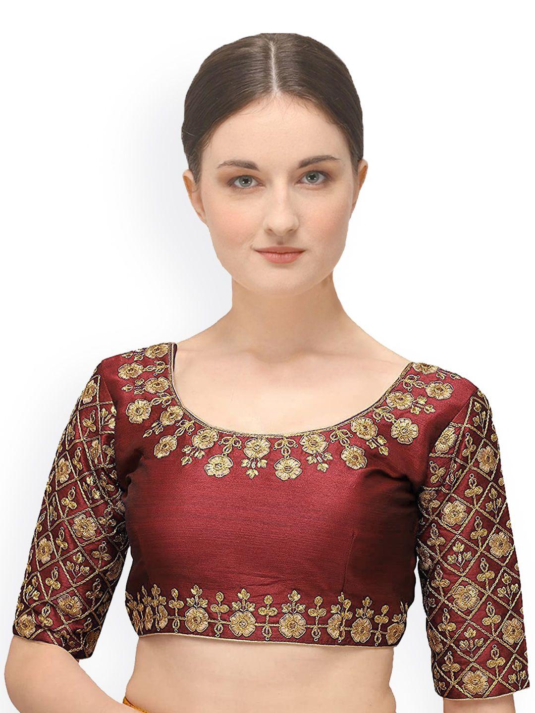 sumaira tex maroon & golden embroidered silk readymade saree blouse