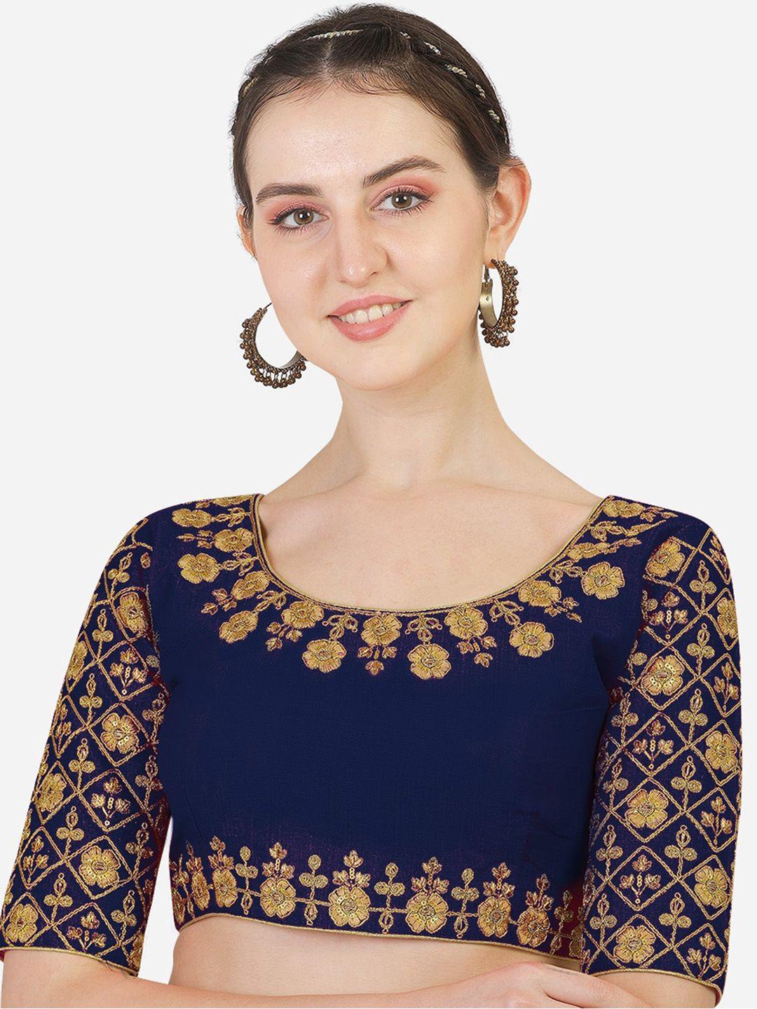 sumaira tex navy blue embroidered silk readymade saree blouse