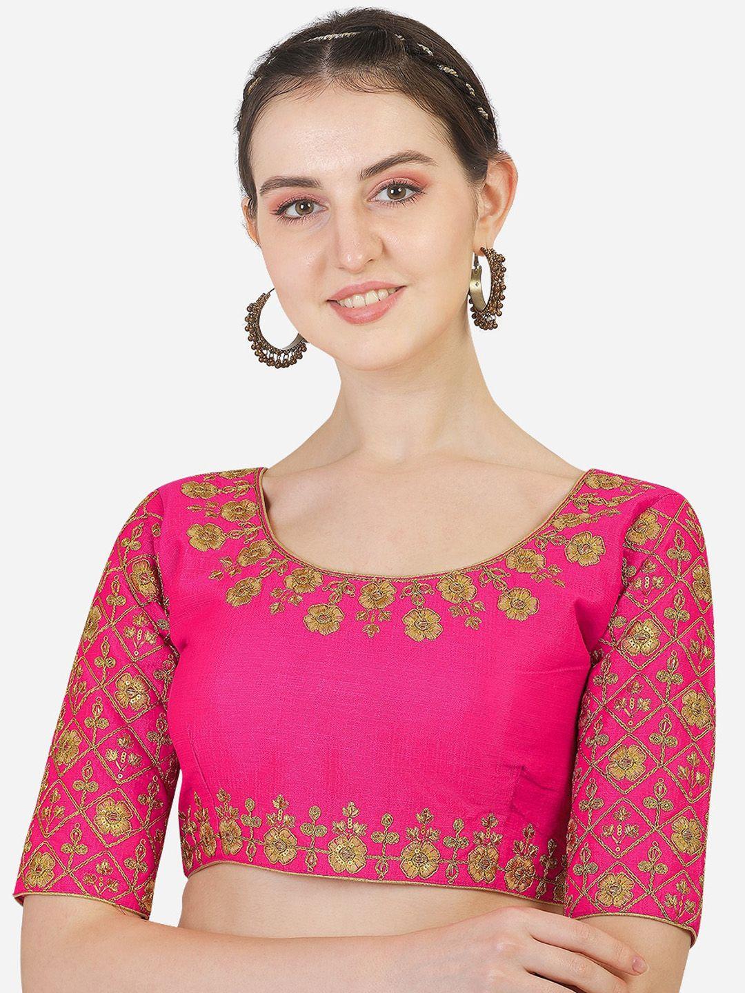 sumaira tex pink  & gold-toned embroidered silk padded saree blouse