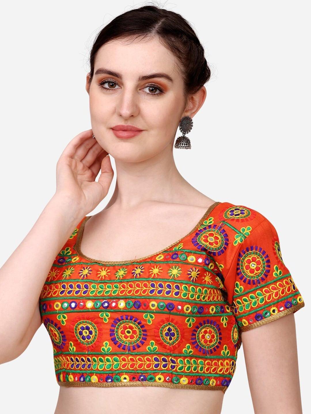 sumaira tex women orange coloured embroidery silk saree blouse