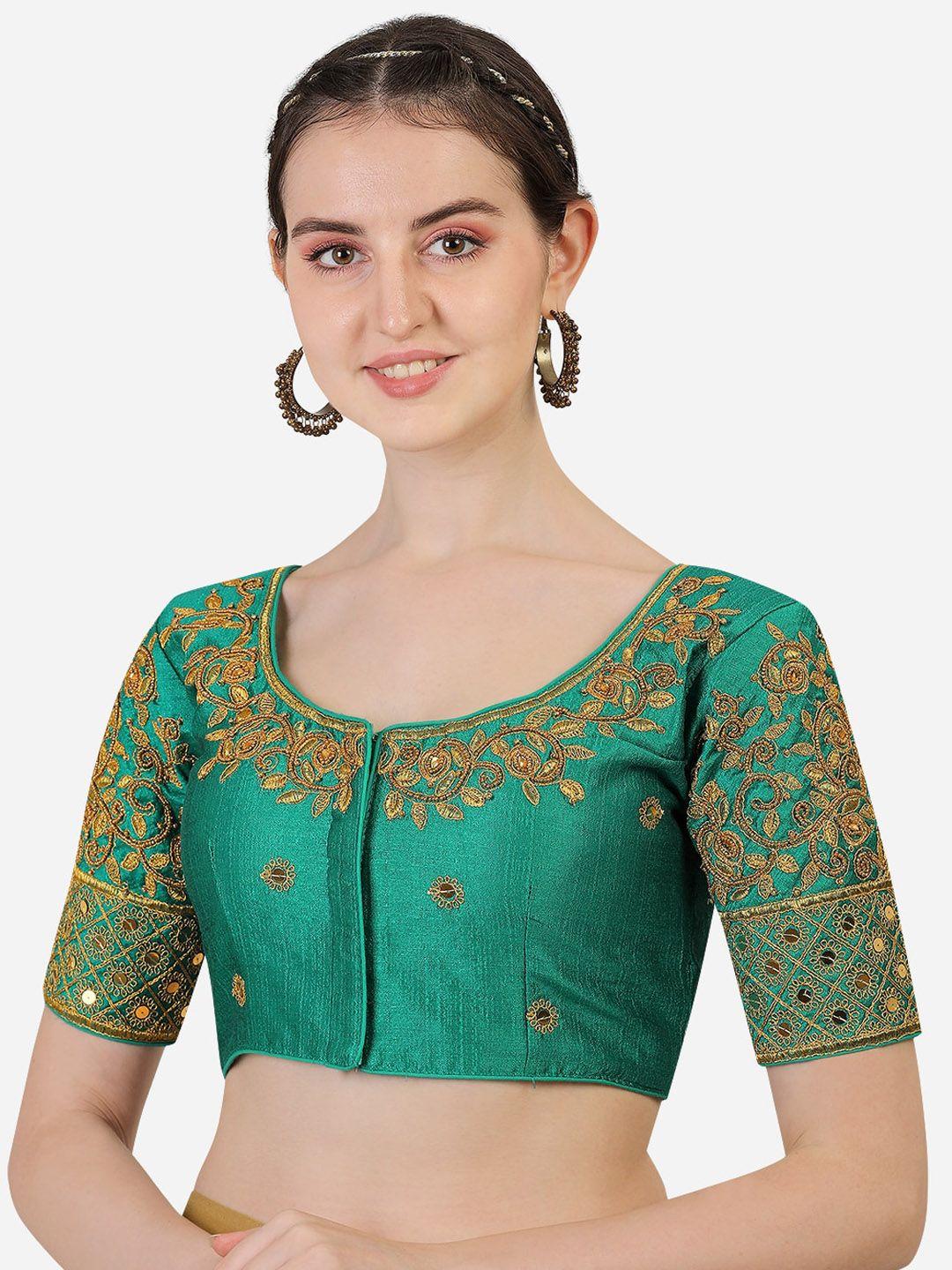 sumaira tex women teal & gold embroidered saree blouse