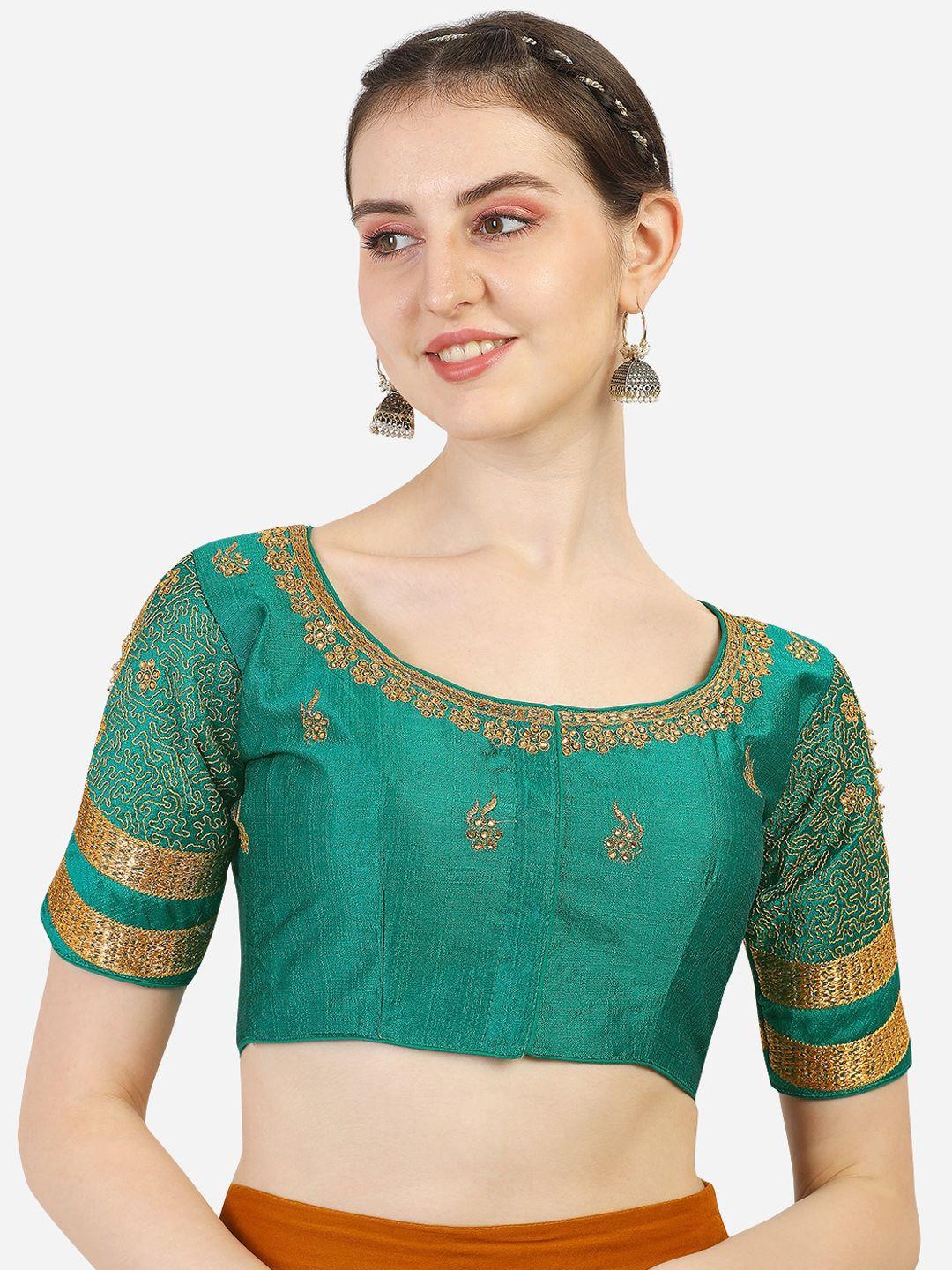 sumaira tex women teal blue embroidered silk readymade saree blouse