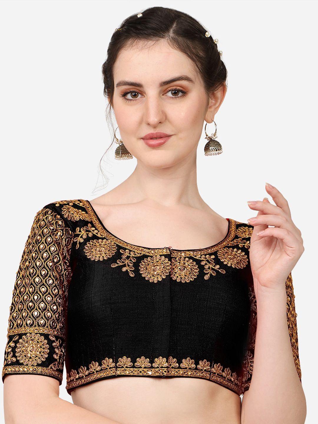 sumaira tex black & gold-toned embroidered saree blouse